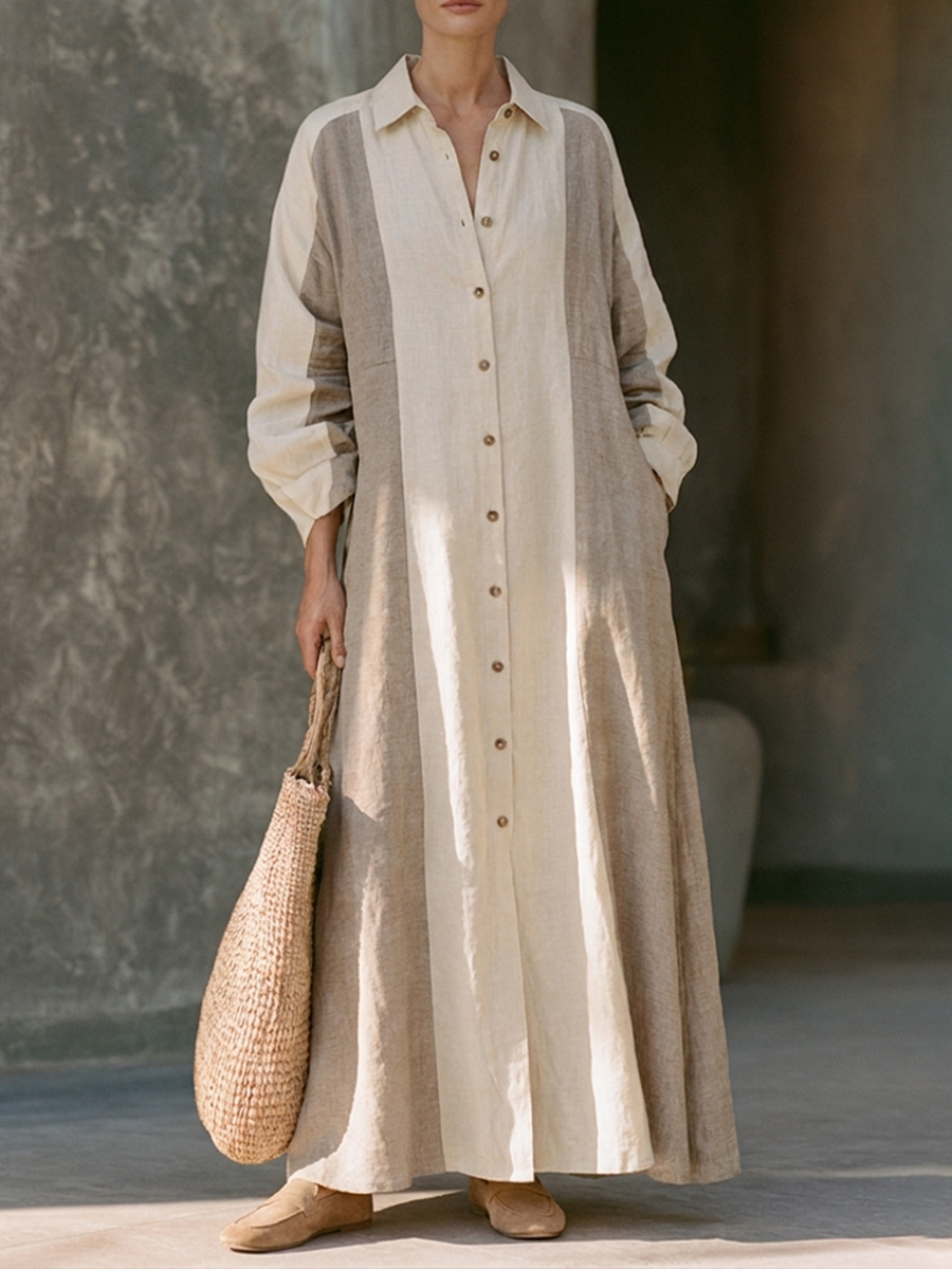 Women's Color-Block Button-Down Cotton-Linen Shirt Dress MDZ0740H4ZRK