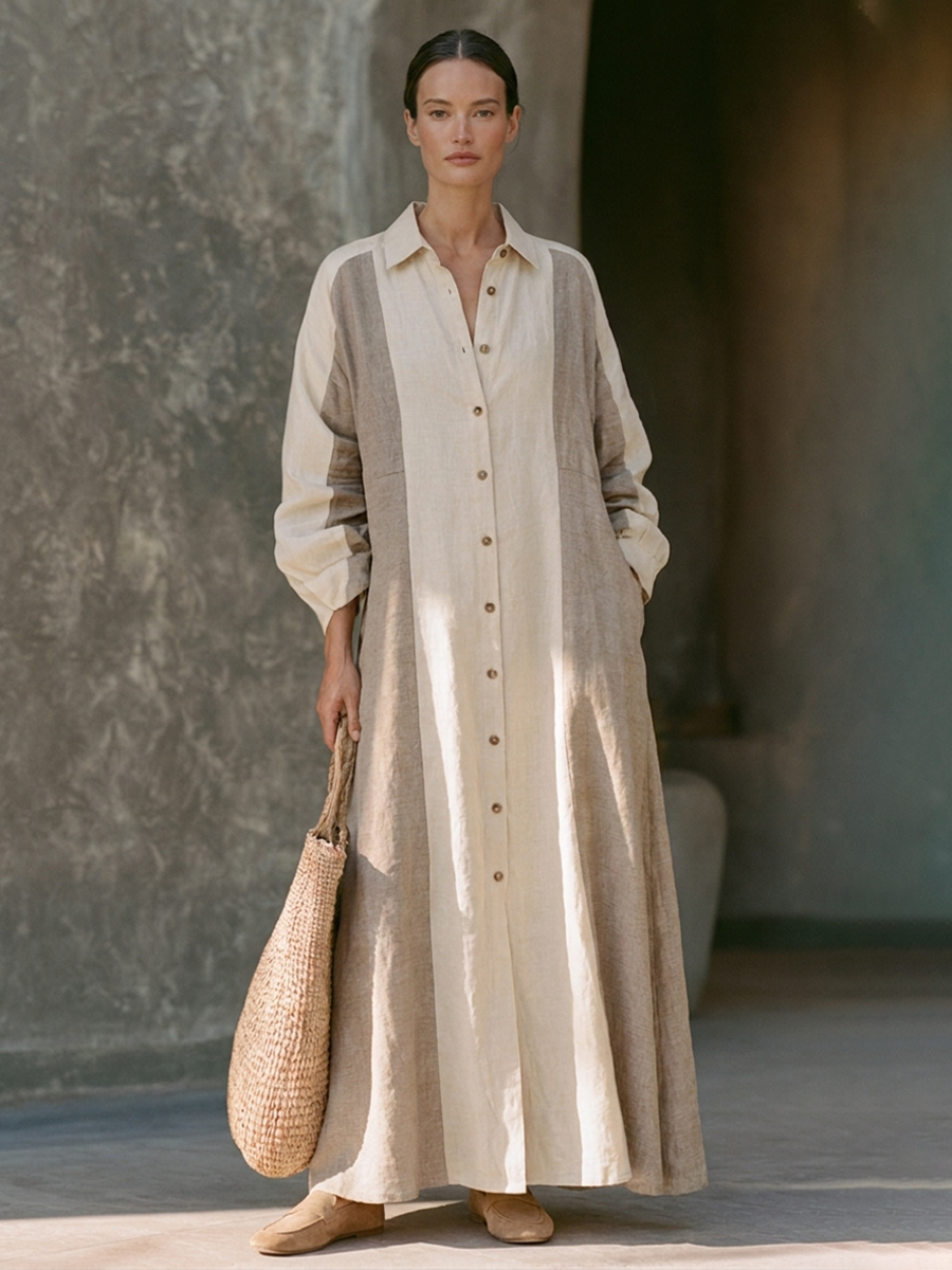 Women's Color-Block Button-Down Cotton-Linen Shirt Dress MDZ0740H4ZRK
