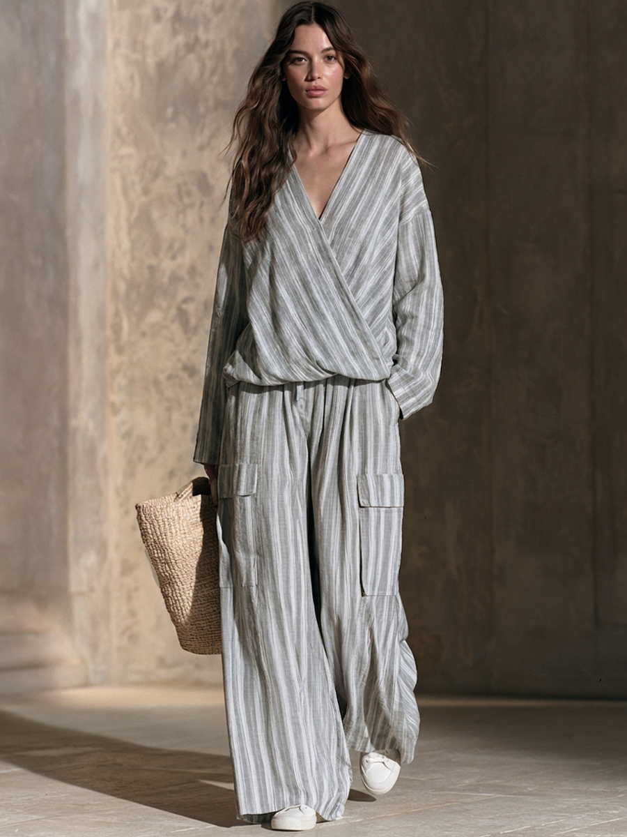 Women's Striped Cotton-Linen Wide-Leg Pant Set With Wrap V-Neck MDZ0783H5ZRK