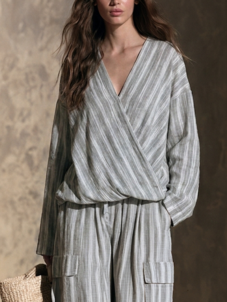 Women's Striped Cotton-Linen Wide-Leg Pant Set With Wrap V-Neck MDZ0783H5ZRK