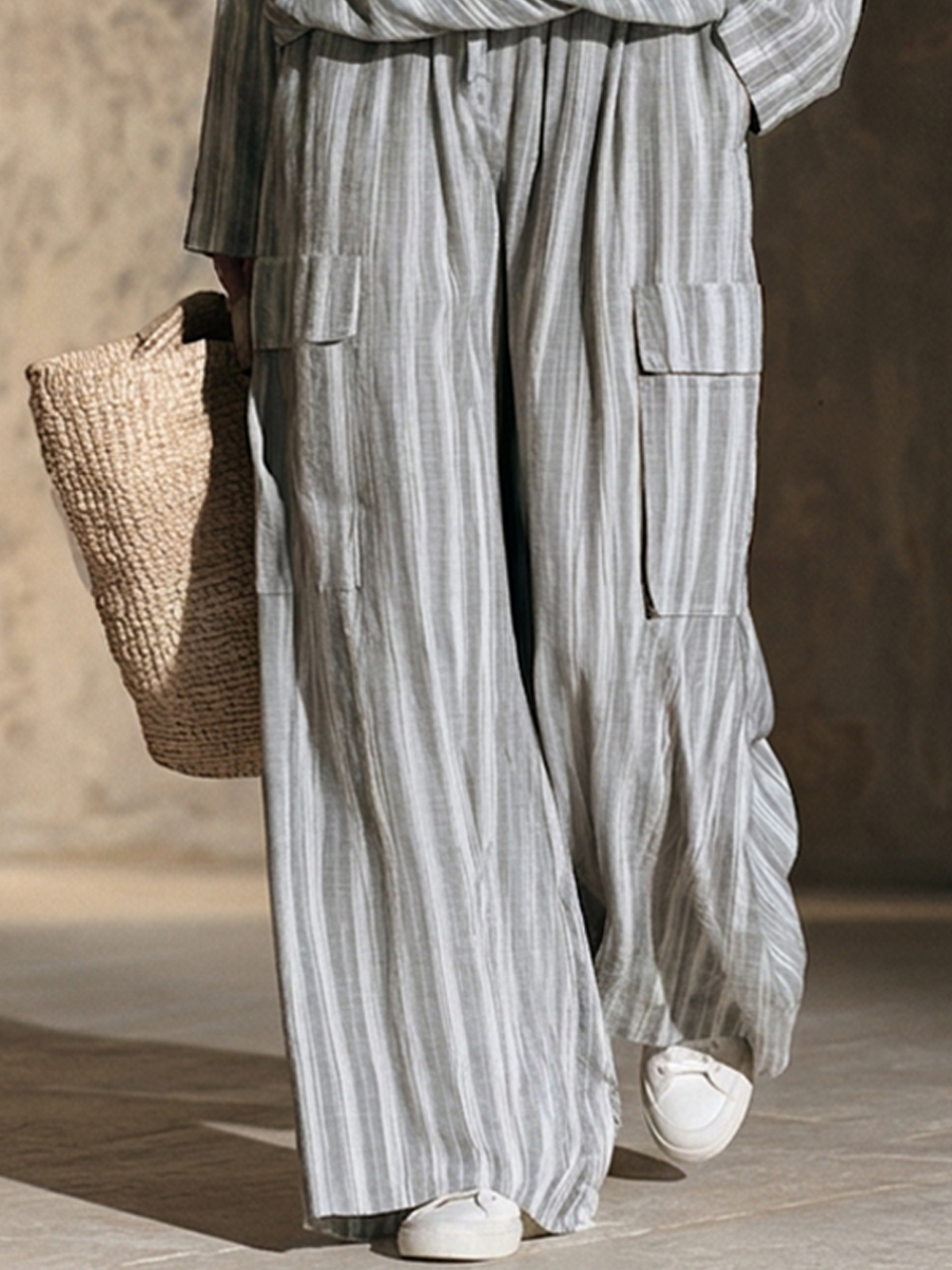 Women's Striped Cotton-Linen Wide-Leg Pant Set With Wrap V-Neck MDZ0783H5ZRK