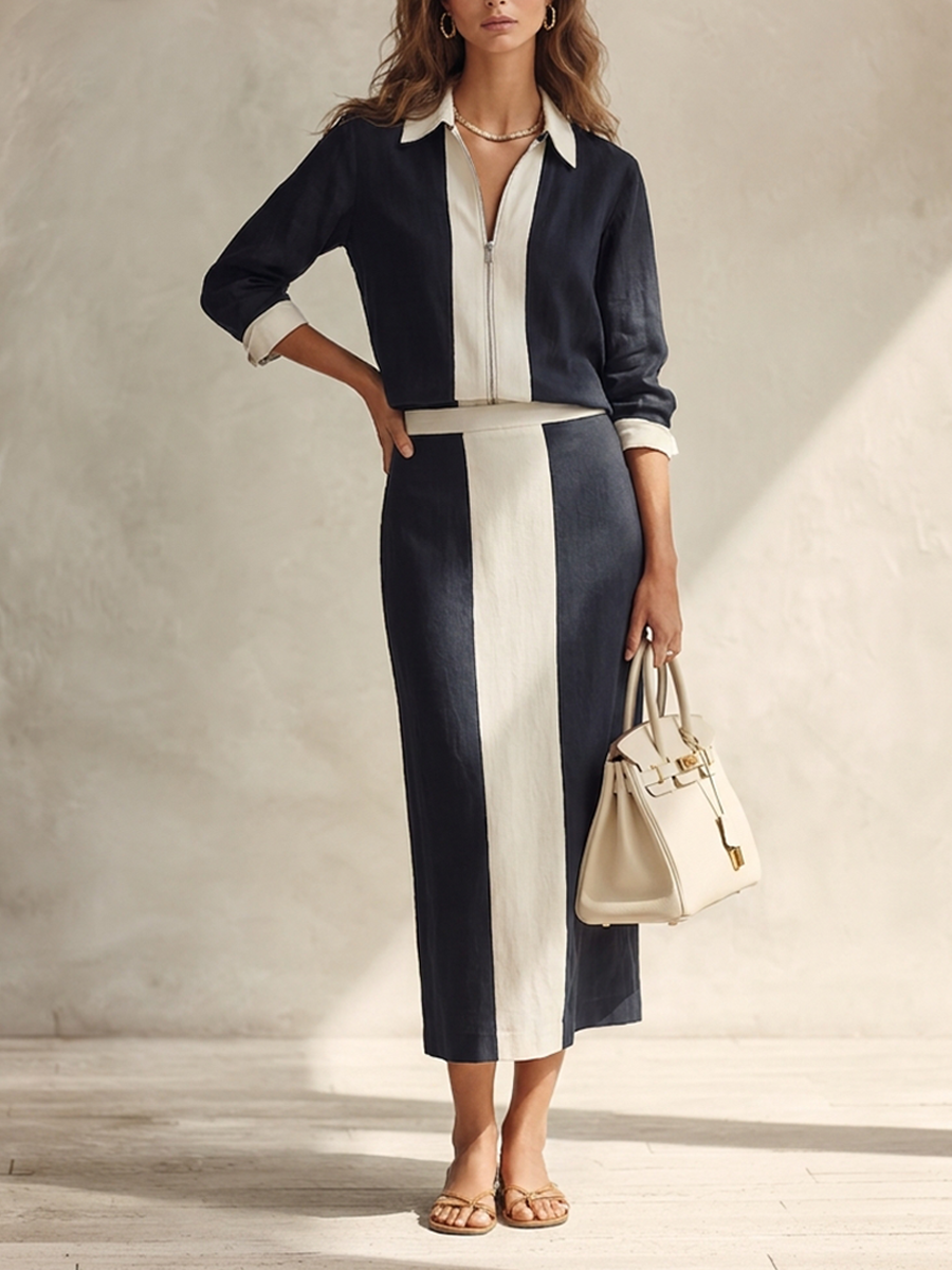 Women's Color-Block Lapel Zip-Front Cotton-Linen Top & Skirt Set MDZ0764H0ZRK