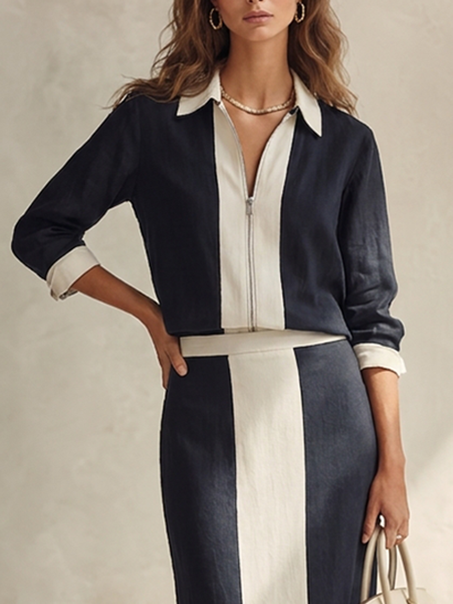Women's Color-Block Lapel Zip-Front Cotton-Linen Top & Skirt Set MDZ0764H0ZRK