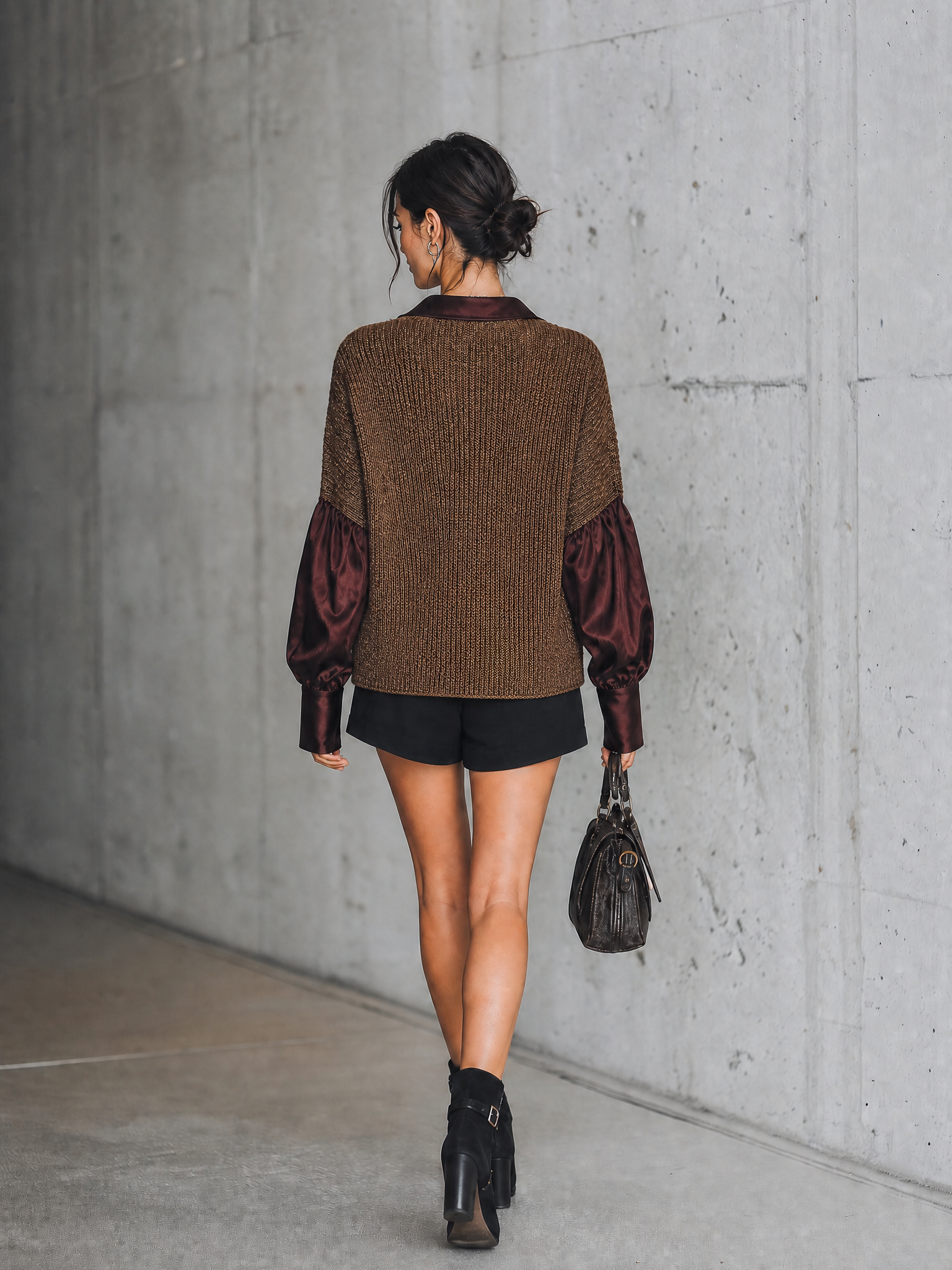 Women's Polo Collar Satin Sleeve Knit Brown Sweater MDZ0726H8YZJ