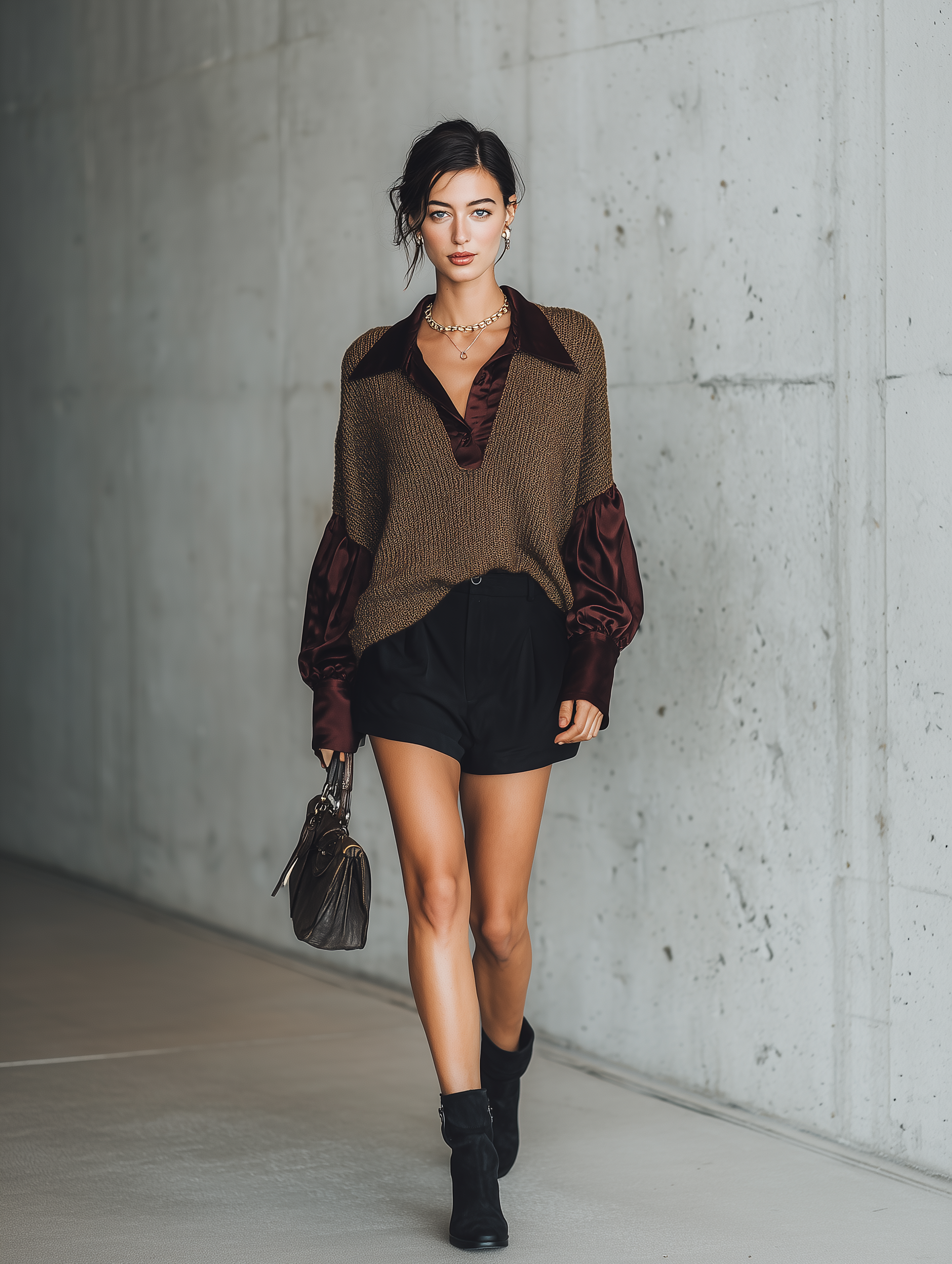 Women's Polo Collar Satin Sleeve Knit Brown Sweater MDZ0726H8YZJ