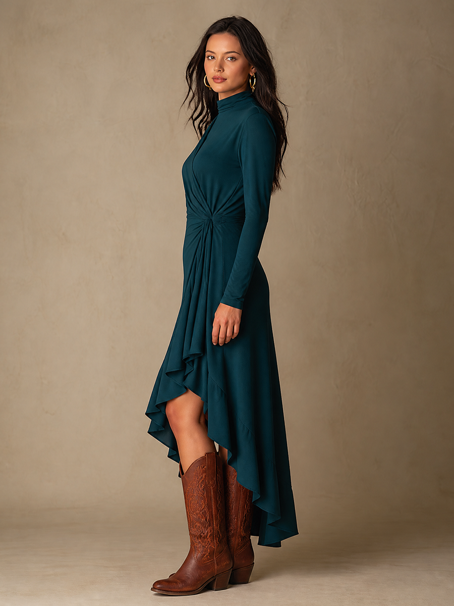 Women's Waist Twist Ruffle Solid Elegant Turtleneck Long Sleeve Maxi Dress MDZ0772H3LYL