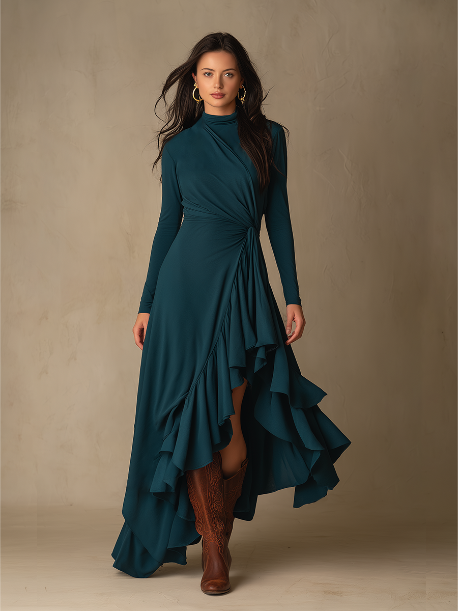 Women's Waist Twist Ruffle Solid Elegant Turtleneck Long Sleeve Maxi Dress MDZ0772H3LYL