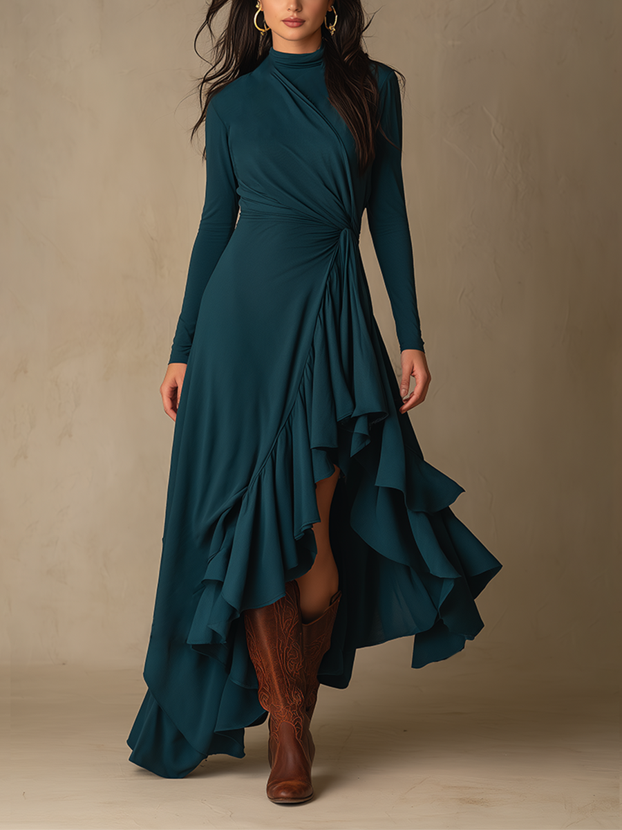Women's Waist Twist Ruffle Solid Elegant Turtleneck Long Sleeve Maxi Dress MDZ0772H3LYL