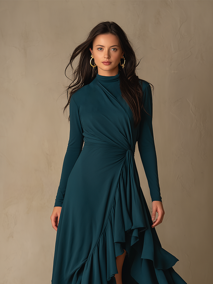 Women's Waist Twist Ruffle Solid Elegant Turtleneck Long Sleeve Maxi Dress MDZ0772H3LYL