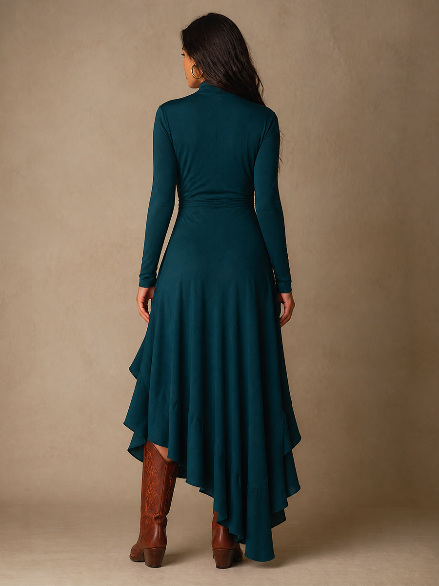 Women's Waist Twist Ruffle Solid Elegant Turtleneck Long Sleeve Maxi Dress MDZ0772H3LYL