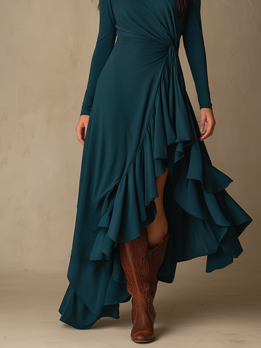 Women's Waist Twist Ruffle Solid Elegant Turtleneck Long Sleeve Maxi Dress MDZ0772H3LYL