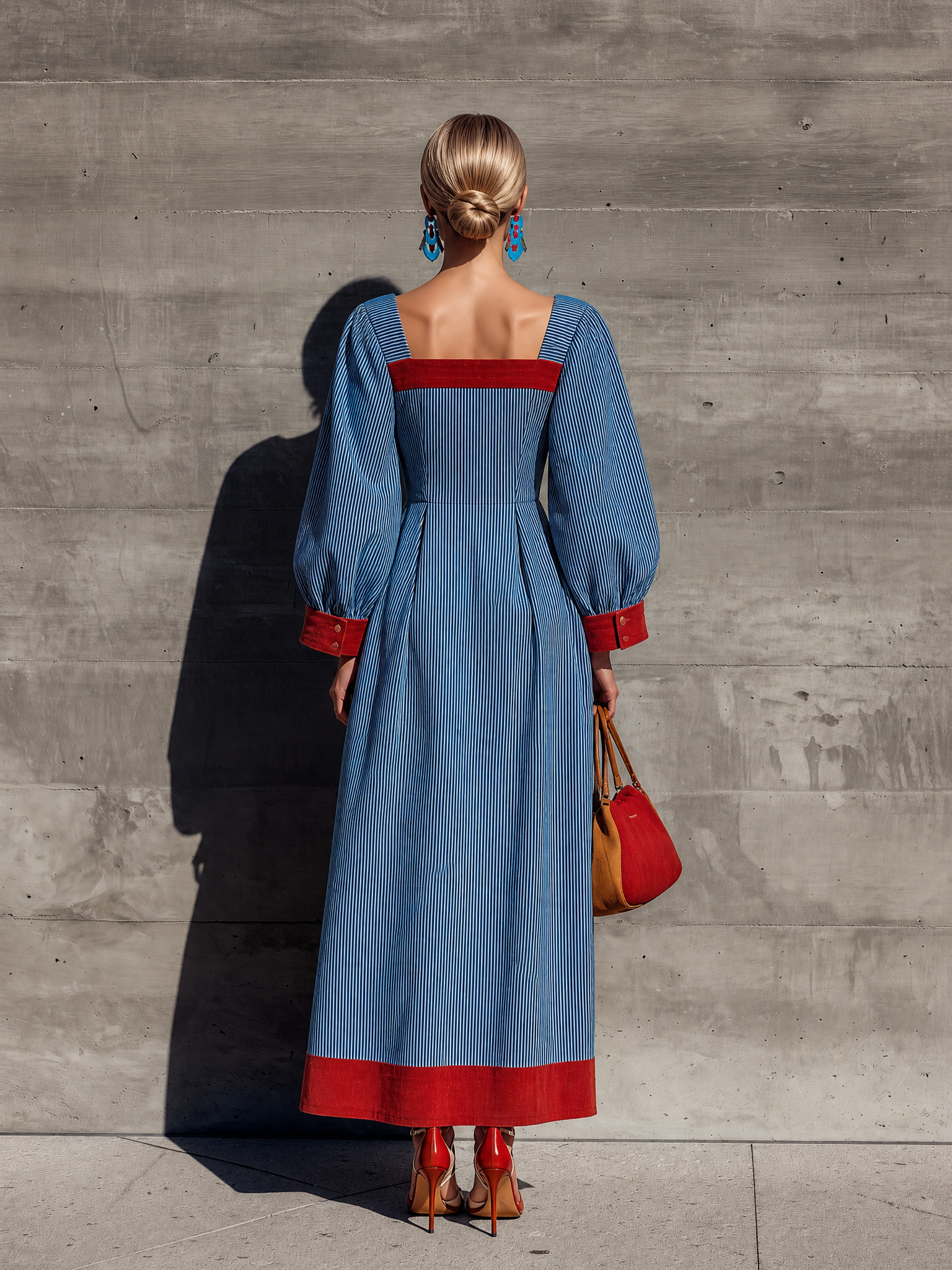 Women's Long Sleeve Contrast Trim Striped Blue Maxi Dress MDZ0707H3YZJ