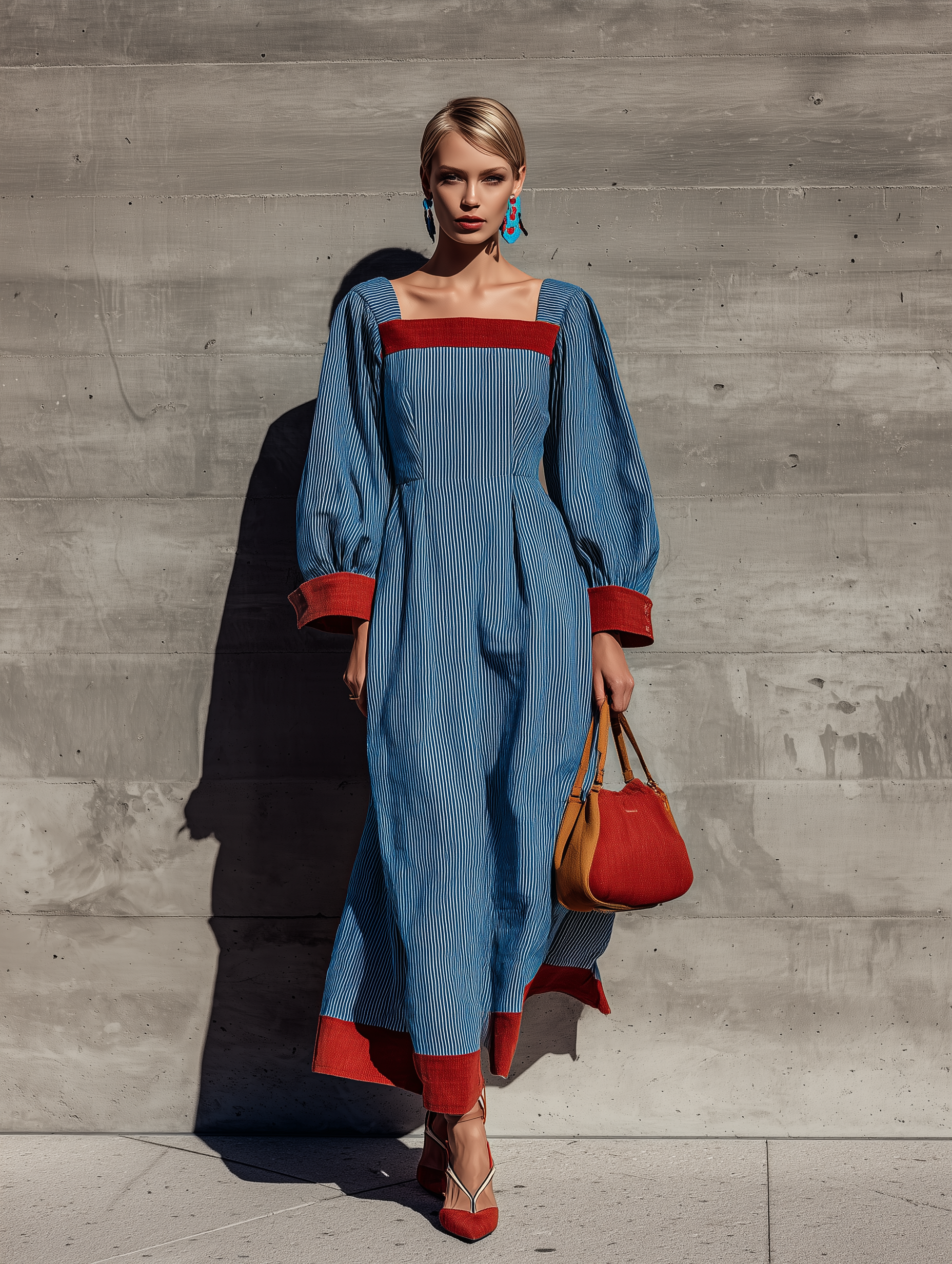 Women's Long Sleeve Contrast Trim Striped Blue Maxi Dress MDZ0707H3YZJ
