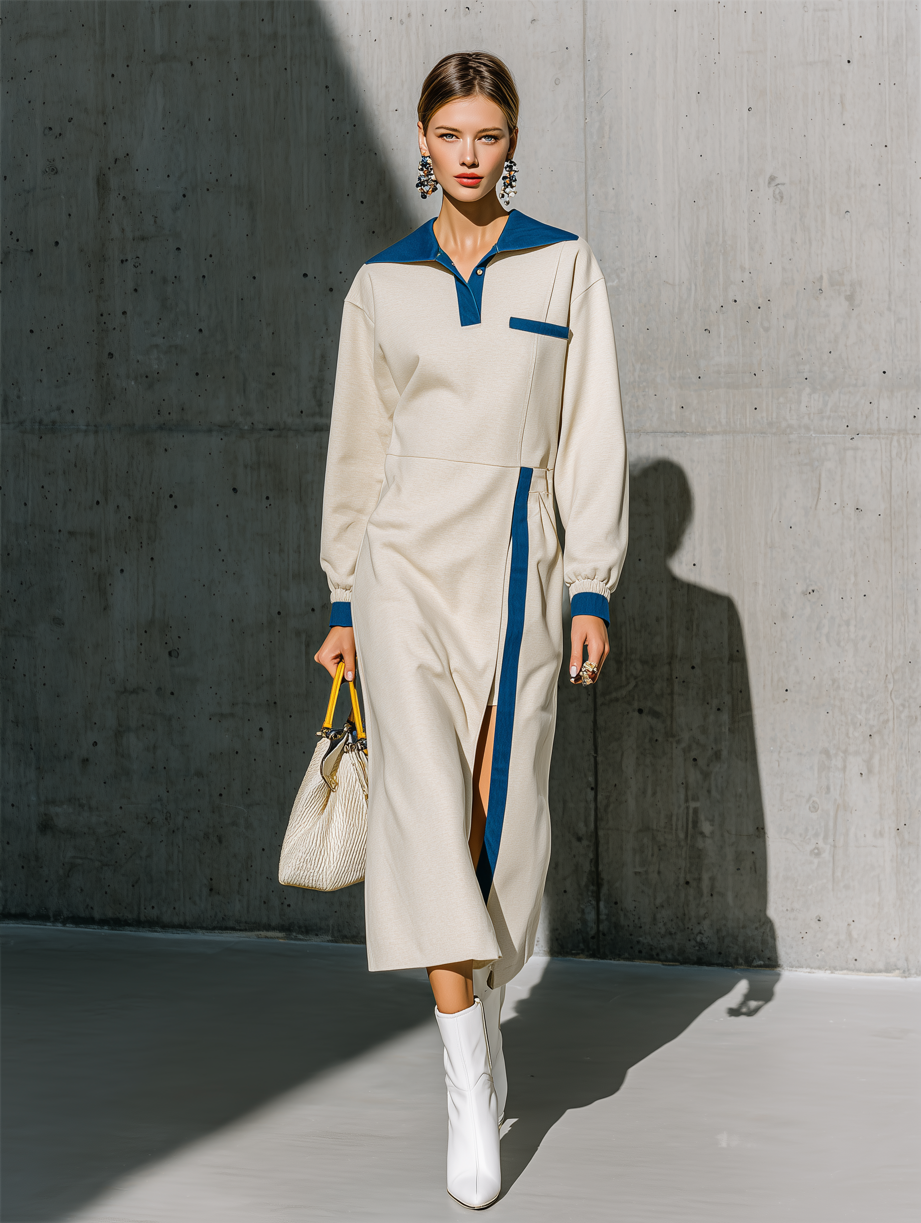 Women's Polo Collar Colorblock Split Beige Midi Dress MDZ0757H1YZJ