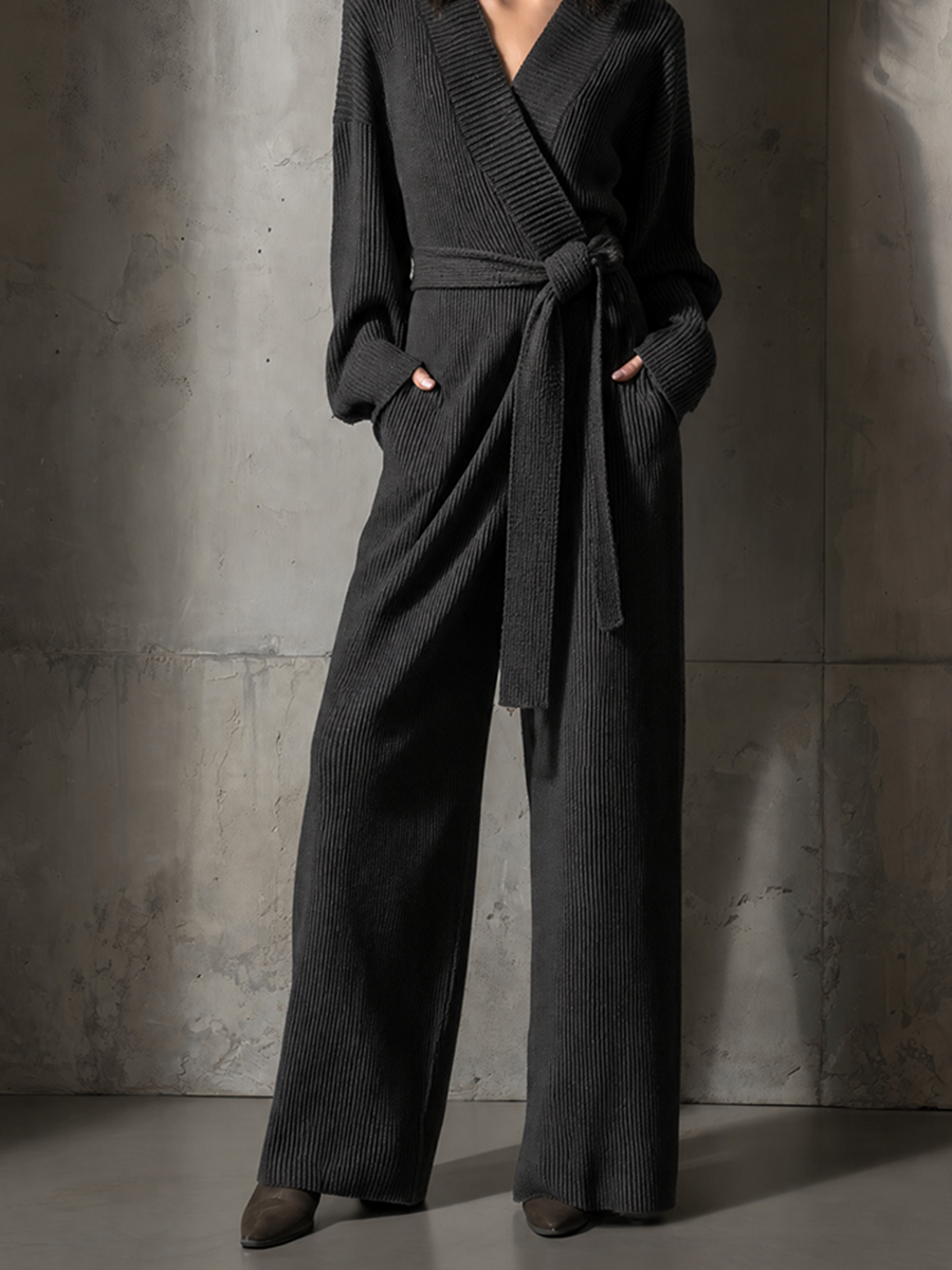Women's Belted Wrap Solid Rib Knit Loungewear V Neck Wide Leg Jumpsuit MDZ0710H4LYL