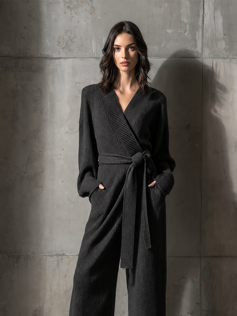 Women's Belted Wrap Solid Rib Knit Loungewear V Neck Wide Leg Jumpsuit MDZ0710H4LYL