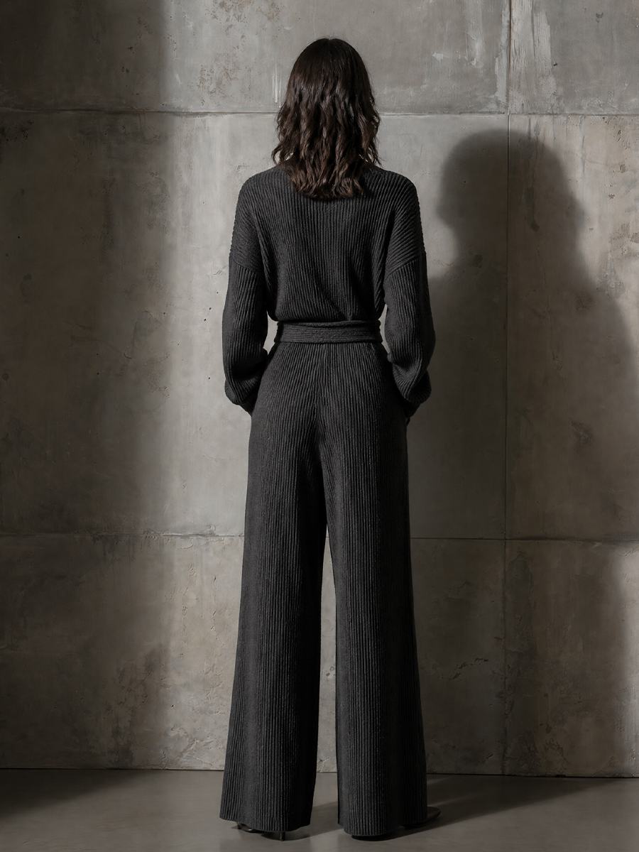 Women's Belted Wrap Solid Rib Knit Loungewear V Neck Wide Leg Jumpsuit MDZ0710H4LYL