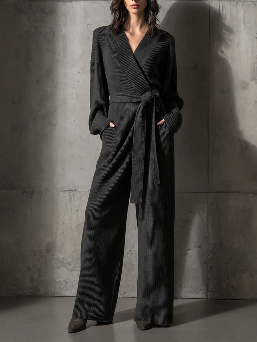 Women's Belted Wrap Solid Rib Knit Loungewear V Neck Wide Leg Jumpsuit MDZ0710H4LYL