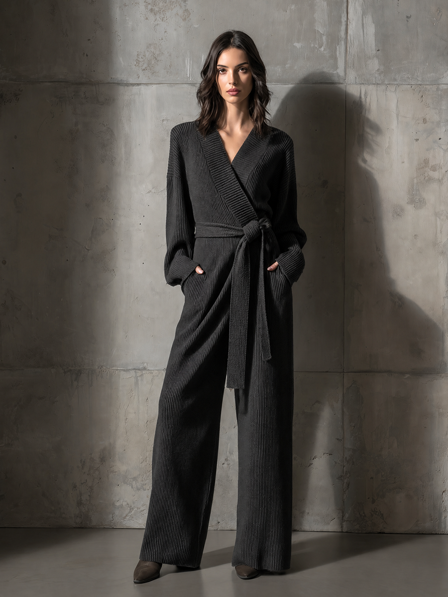 Women's Belted Wrap Solid Rib Knit Loungewear V Neck Wide Leg Jumpsuit MDZ0710H4LYL