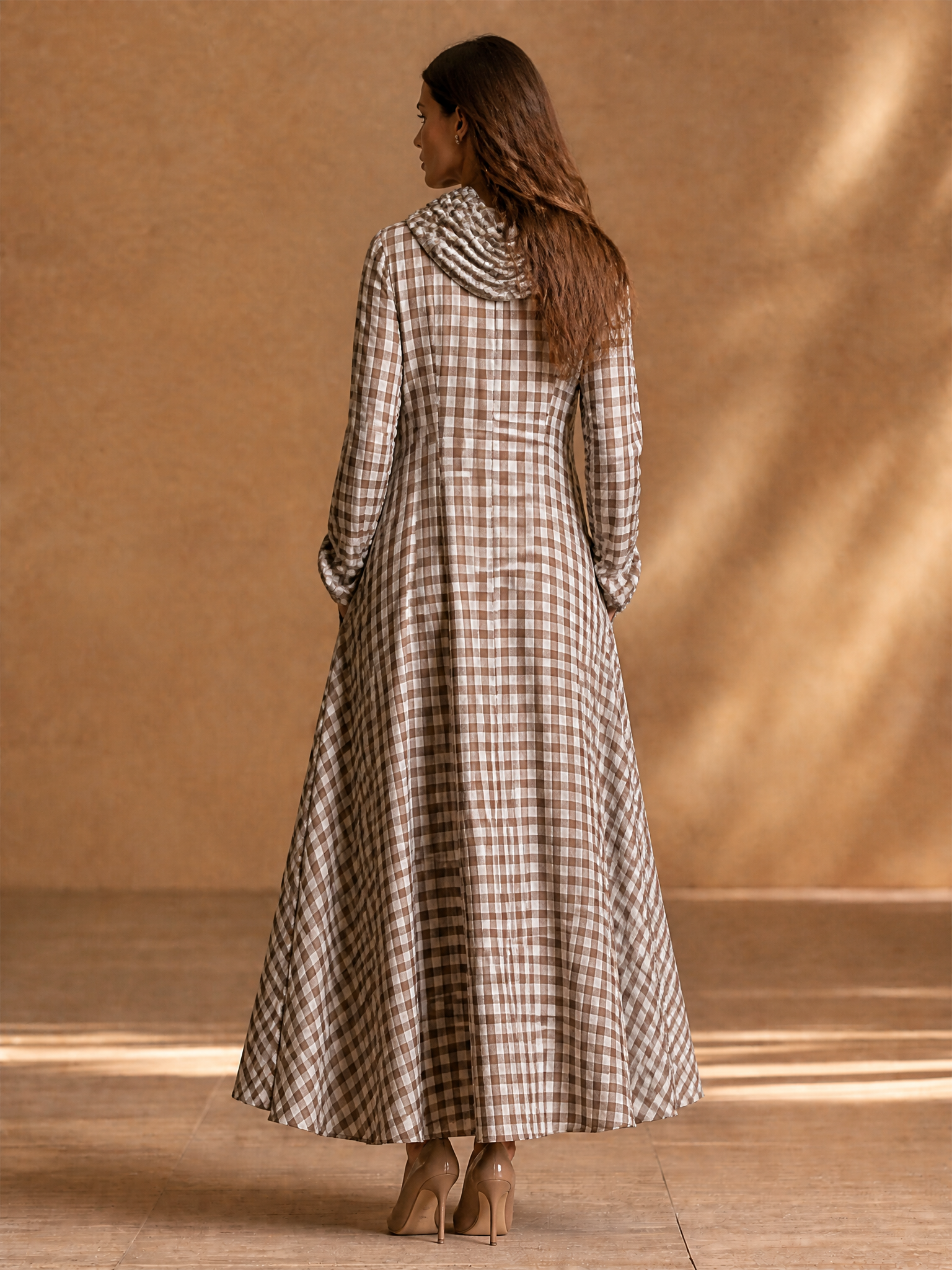 Women's Detachable Scarf Two Piece Vintage Plaid Cotton Lantern Sleeve Maxi Dress MDZ0754H7LYL