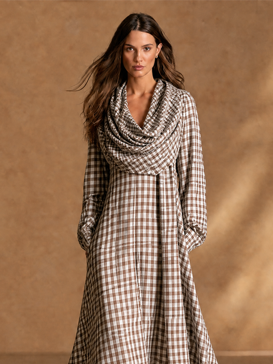 Women's Detachable Scarf Two Piece Vintage Plaid Cotton Lantern Sleeve Maxi Dress MDZ0754H7LYL