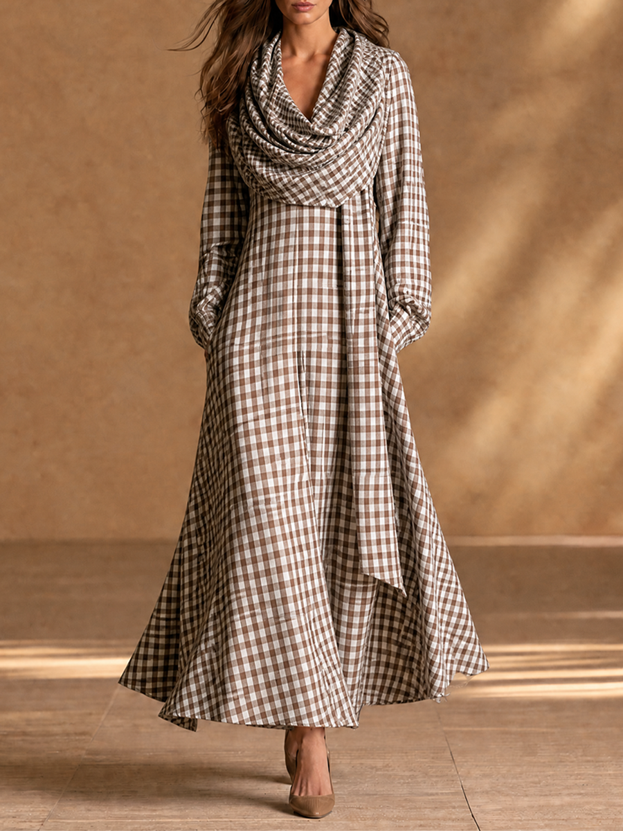 Women's Detachable Scarf Two Piece Vintage Plaid Cotton Lantern Sleeve Maxi Dress MDZ0754H7LYL