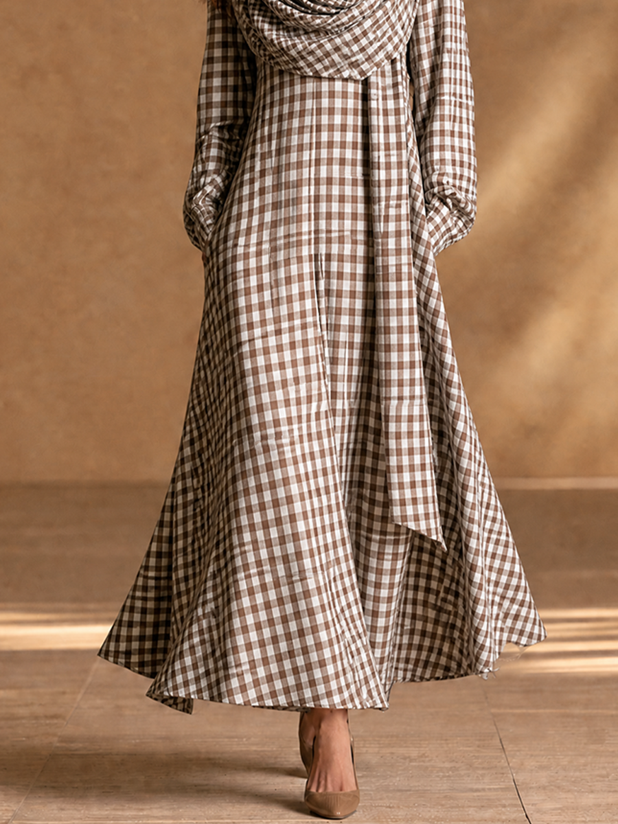 Women's Detachable Scarf Two Piece Vintage Plaid Cotton Lantern Sleeve Maxi Dress MDZ0754H7LYL