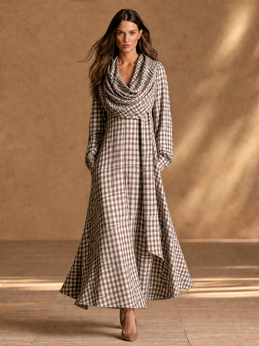 Women's Detachable Scarf Two Piece Vintage Plaid Cotton Lantern Sleeve Maxi Dress MDZ0754H7LYL