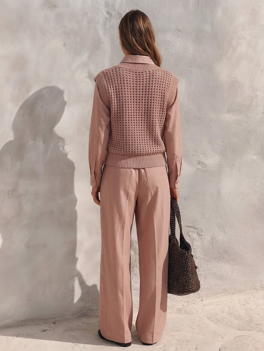 Women's 3-piece Set Featuring A Casual Dusty-pink Woven Shirt And A Knitted Openwork Vest MDZ0711H9LXY