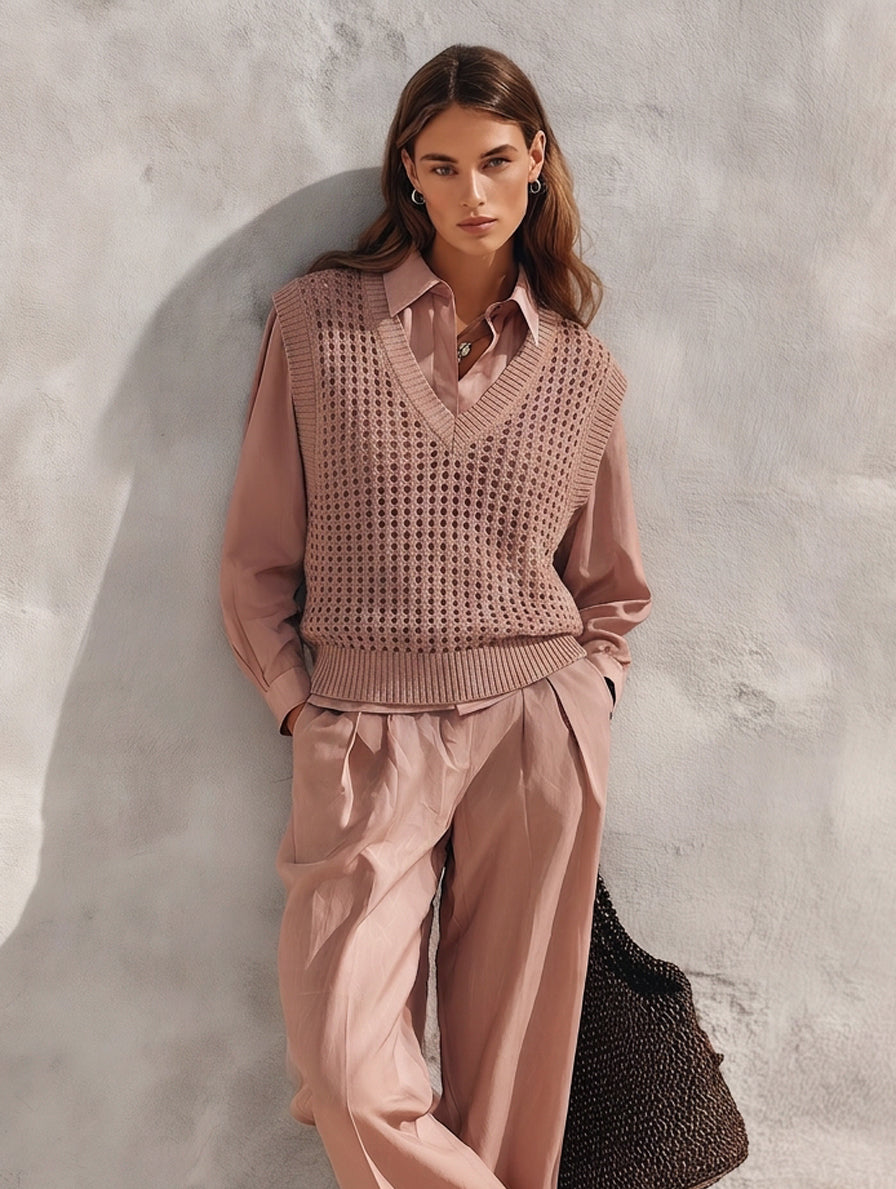 Women's 3-piece Set Featuring A Casual Dusty-pink Woven Shirt And A Knitted Openwork Vest MDZ0711H9LXY
