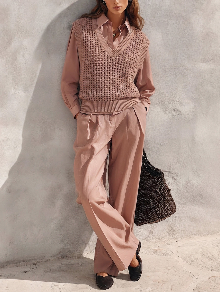 Women's 3-piece Set Featuring A Casual Dusty-pink Woven Shirt And A Knitted Openwork Vest MDZ0711H9LXY