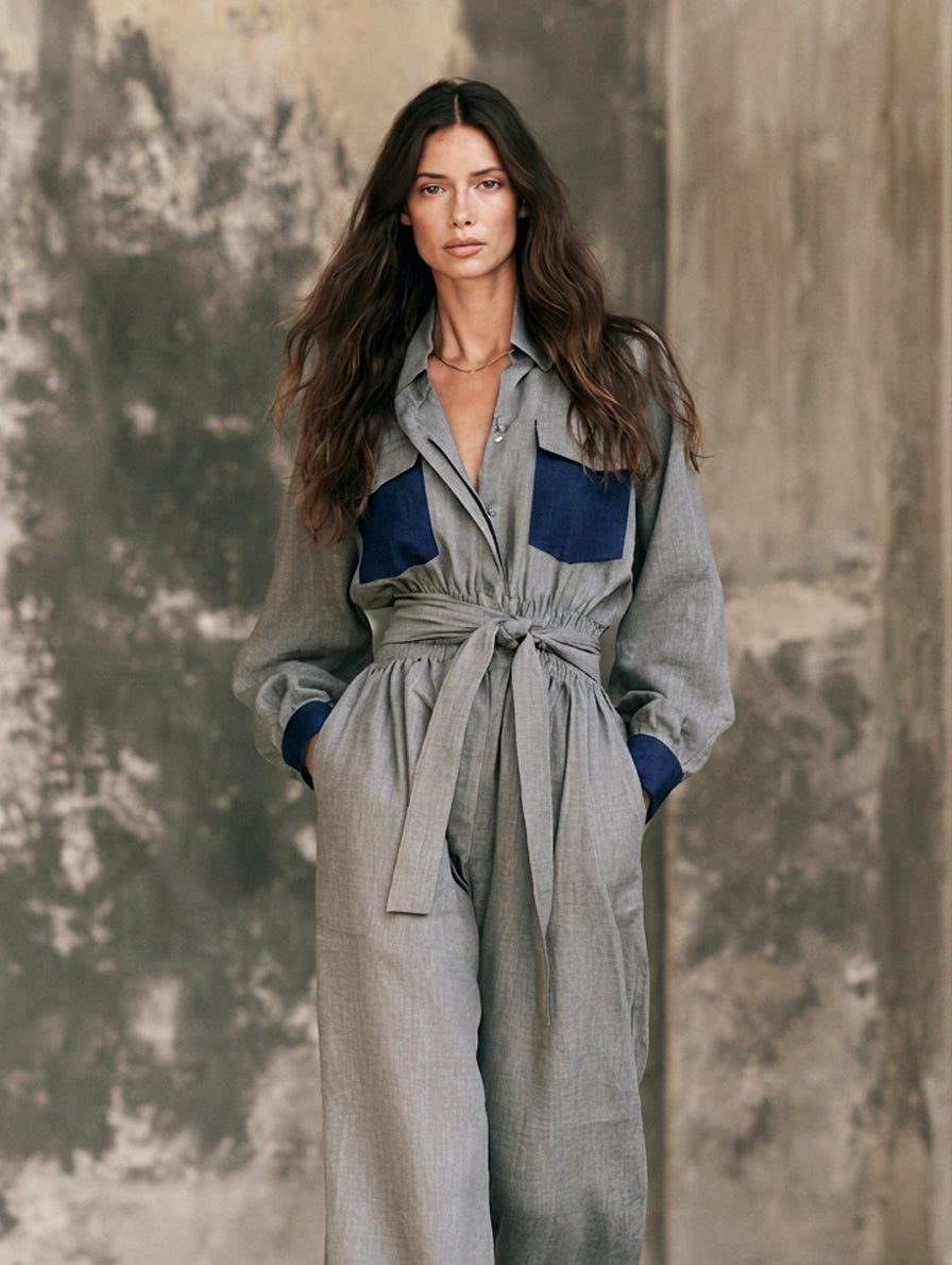 Women's Casual Grey Cotton-linen Long-sleeve Jumpsuit MDZ0752H5LXY
