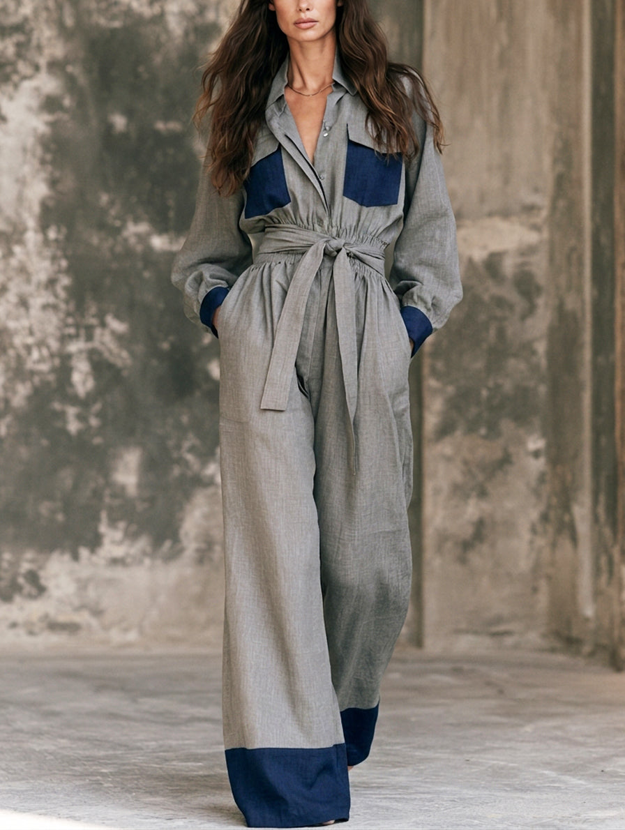 Women's Casual Grey Cotton-linen Long-sleeve Jumpsuit MDZ0752H5LXY