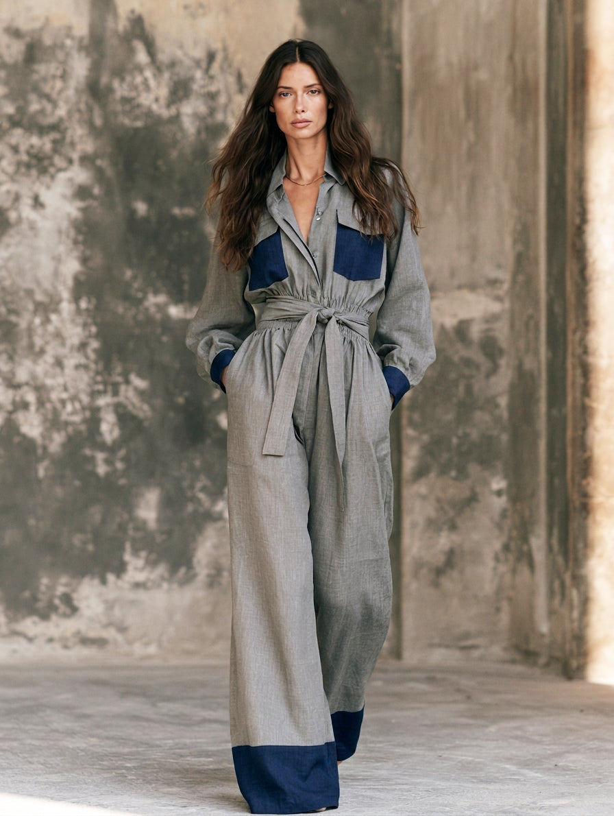 Women's Casual Grey Cotton-linen Long-sleeve Jumpsuit MDZ0752H5LXY