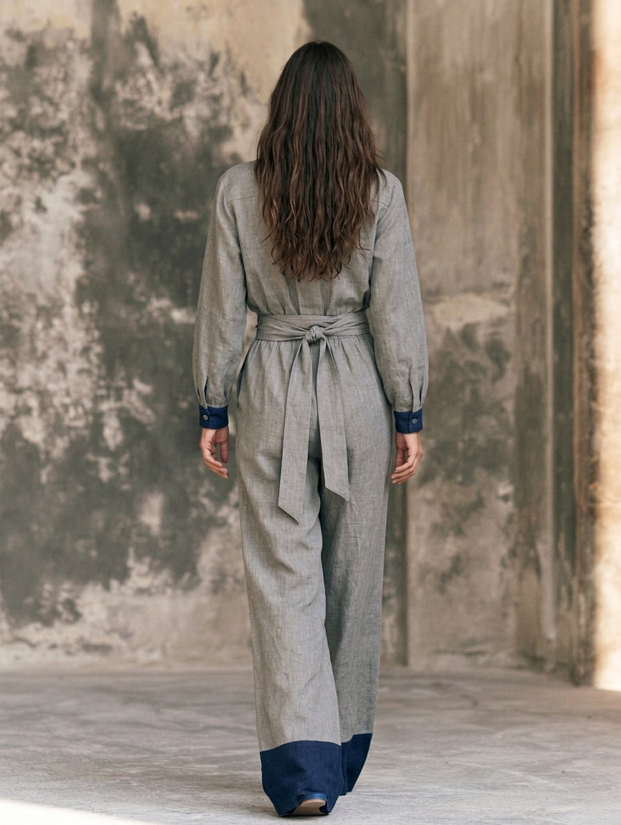 Women's Casual Grey Cotton-linen Long-sleeve Jumpsuit MDZ0752H5LXY