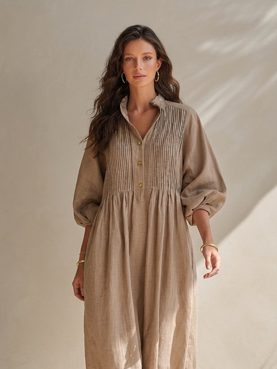 Women's Casual Long-sleeved Maxi Dress In Khaki Cotton-linen Blend MDZ0709H0LXY