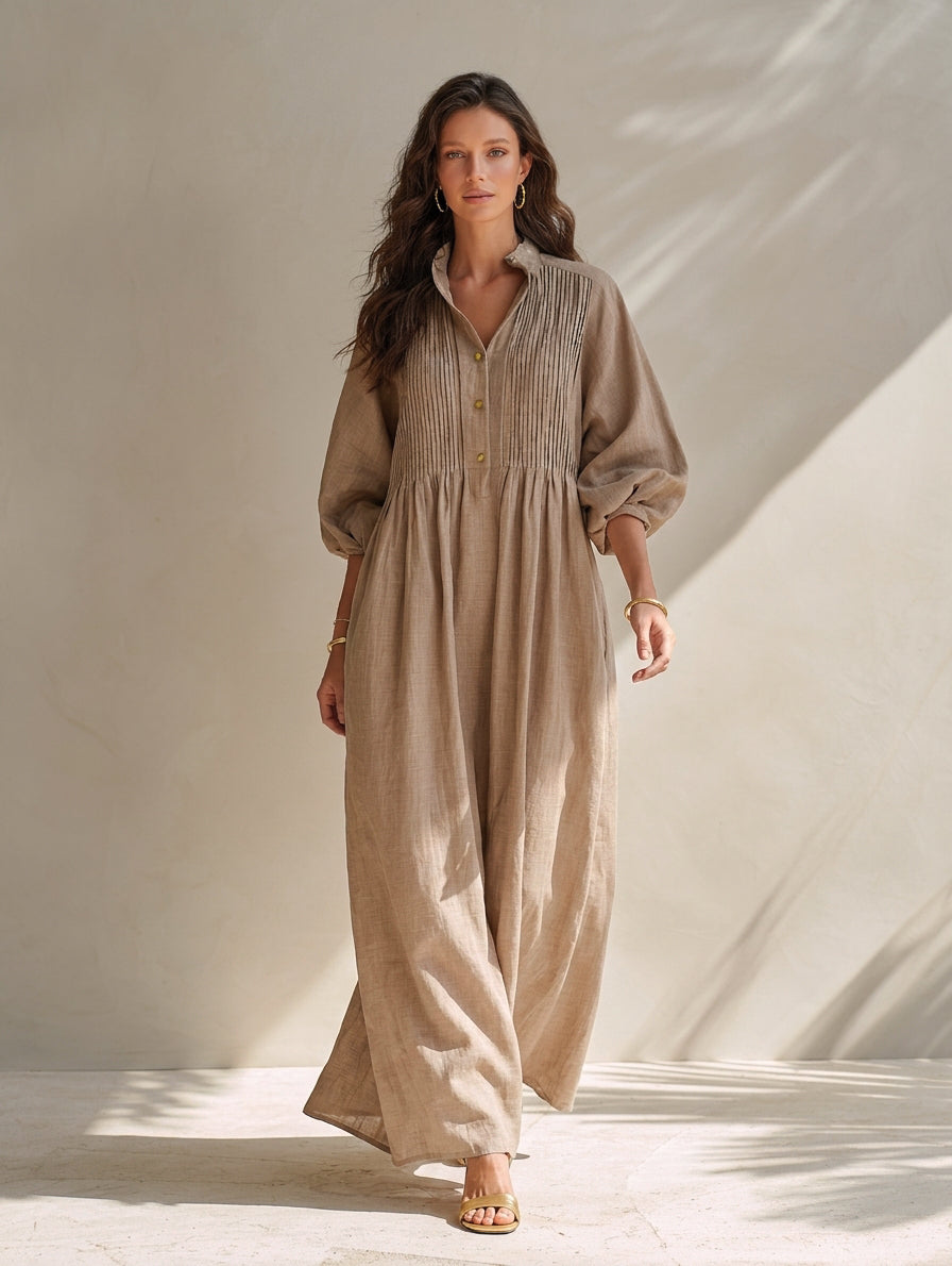 Women's Casual Long-sleeved Maxi Dress In Khaki Cotton-linen Blend MDZ0709H0LXY