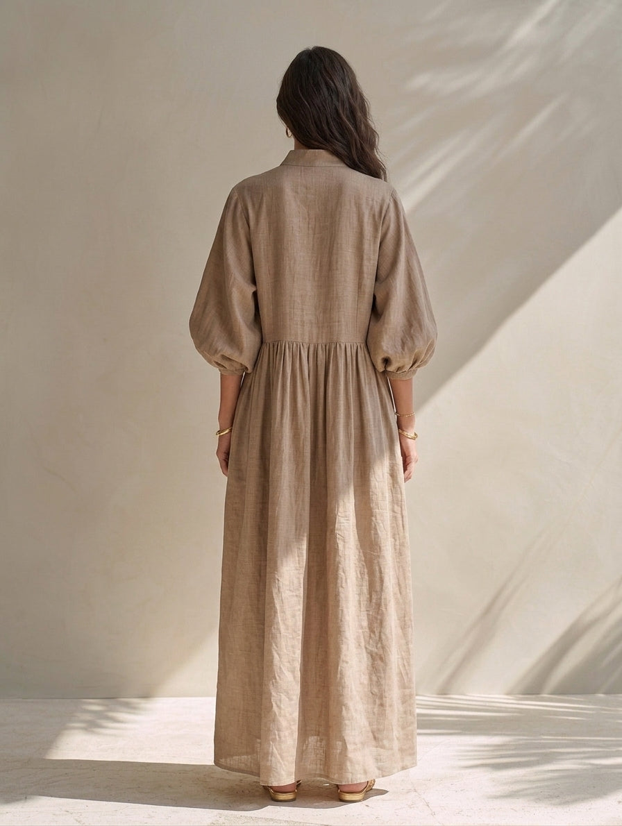 Women's Casual Long-sleeved Maxi Dress In Khaki Cotton-linen Blend MDZ0709H0LXY