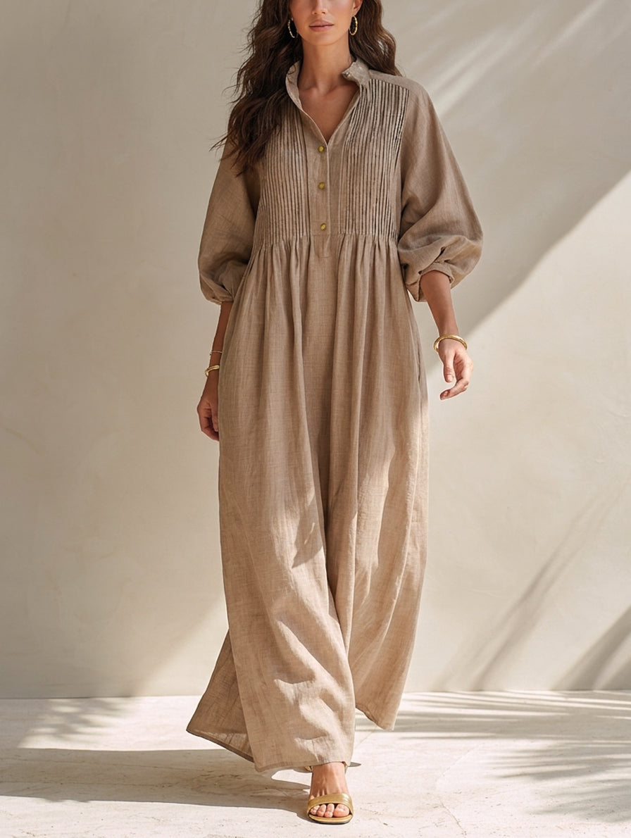 Women's Casual Long-sleeved Maxi Dress In Khaki Cotton-linen Blend MDZ0709H0LXY