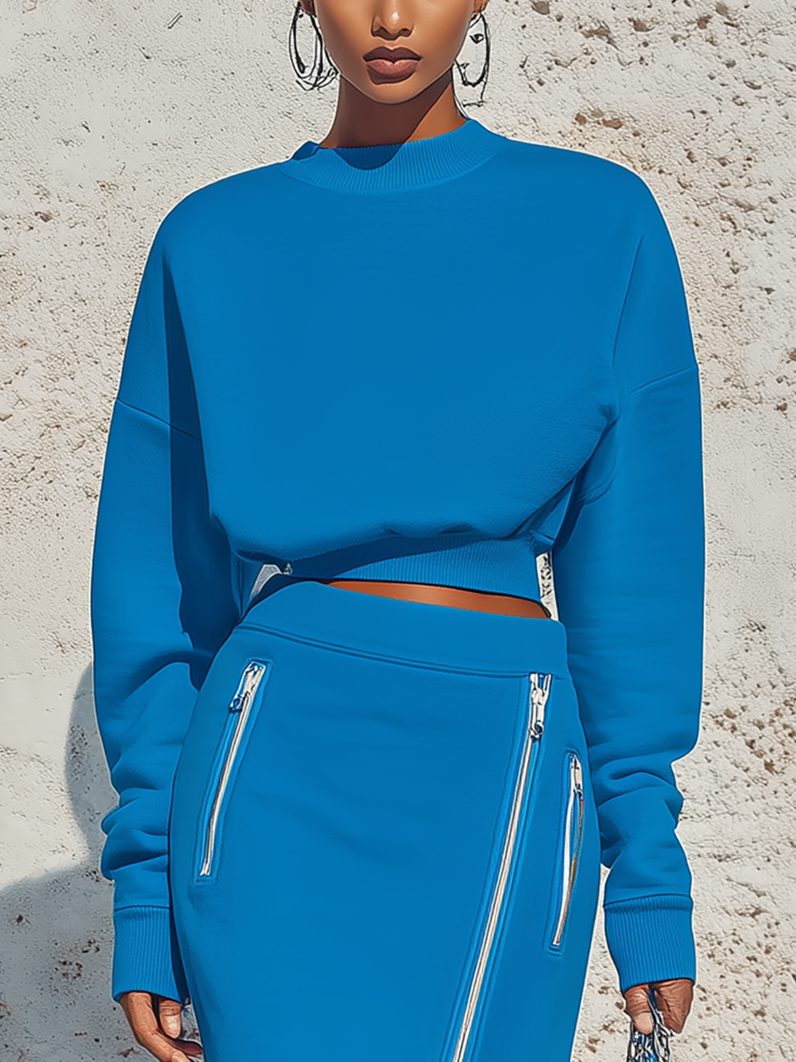 Women's Crop Top Asymmetric Zip Blue Skirt Set MDZ0786H1YZJ