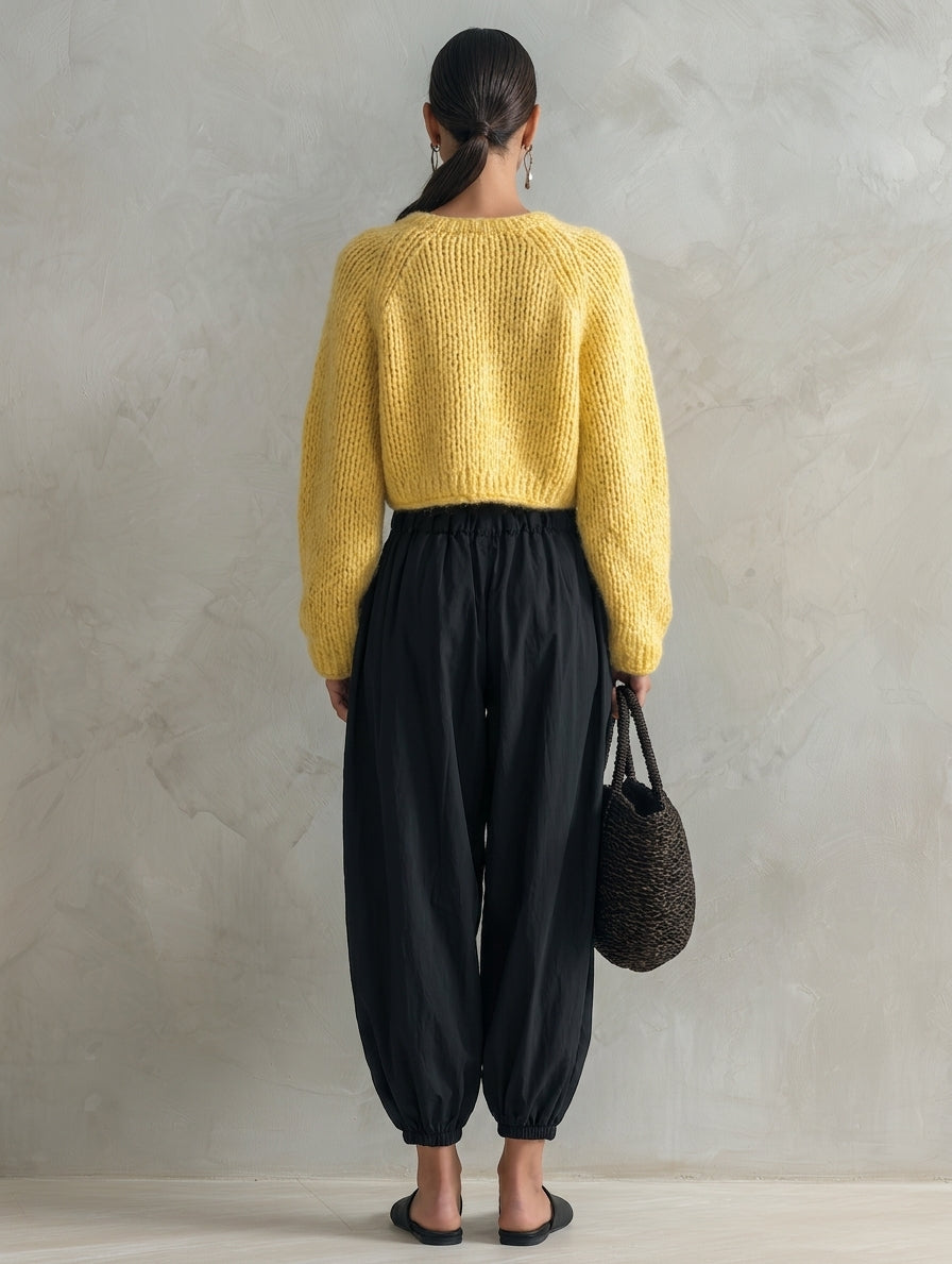 Women's Casual Yellow Long-sleeved Knit Cardigan Paired With Black Woven Trousers MDZ0717H4LXY