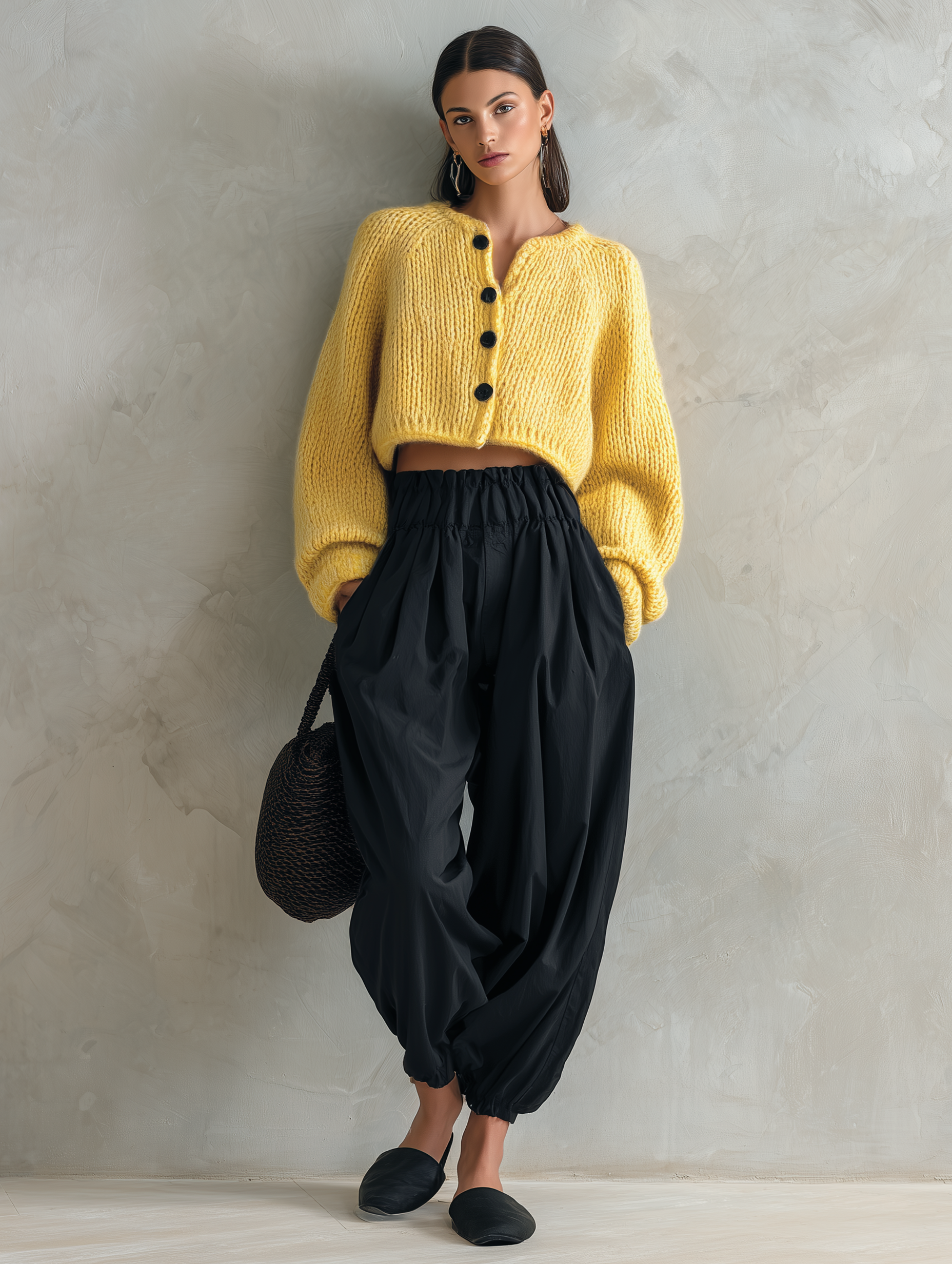Women's Casual Yellow Long-sleeved Knit Cardigan Paired With Black Woven Trousers MDZ0717H4LXY