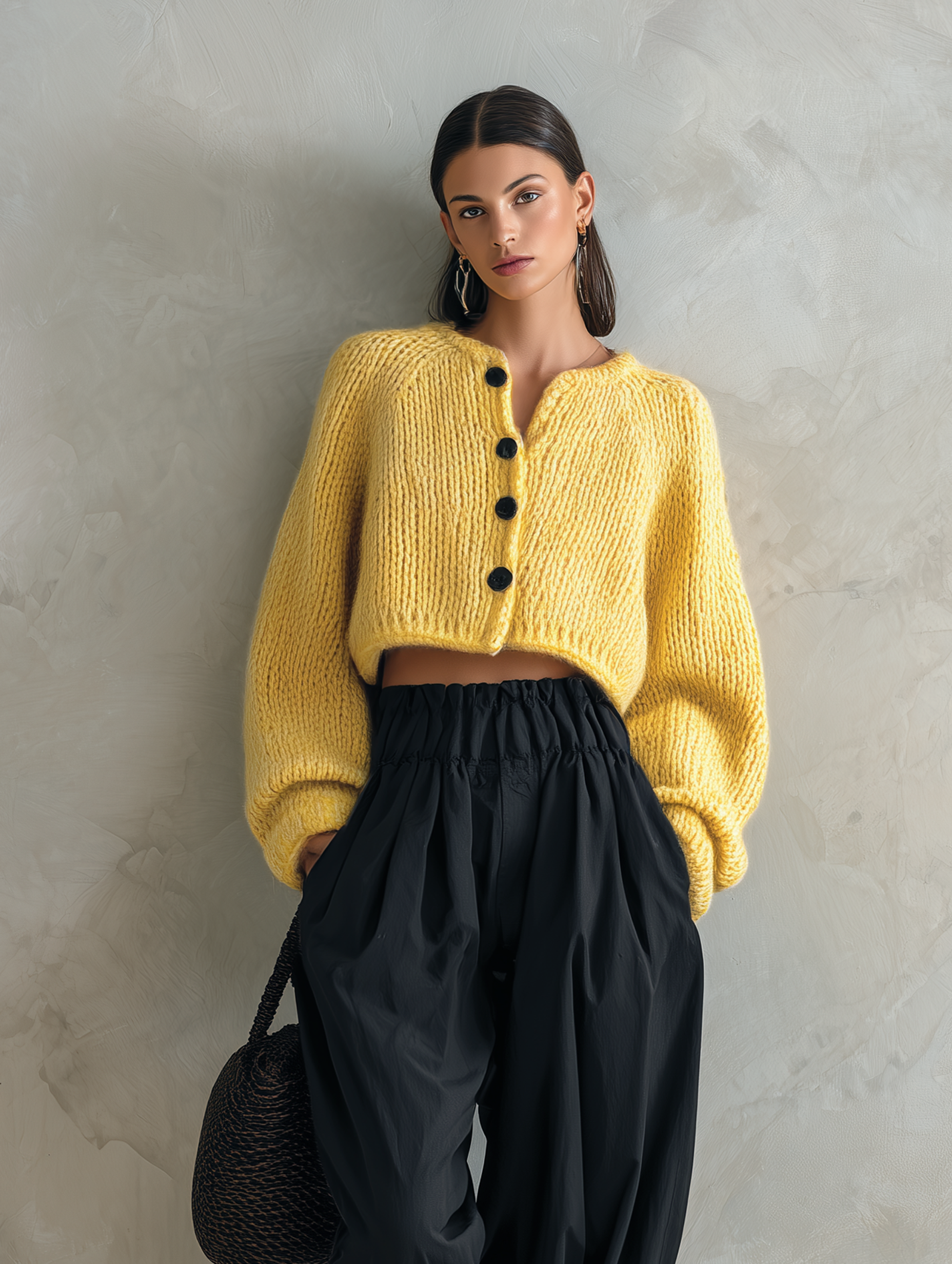 Women's Casual Yellow Long-sleeved Knit Cardigan Paired With Black Woven Trousers MDZ0717H4LXY