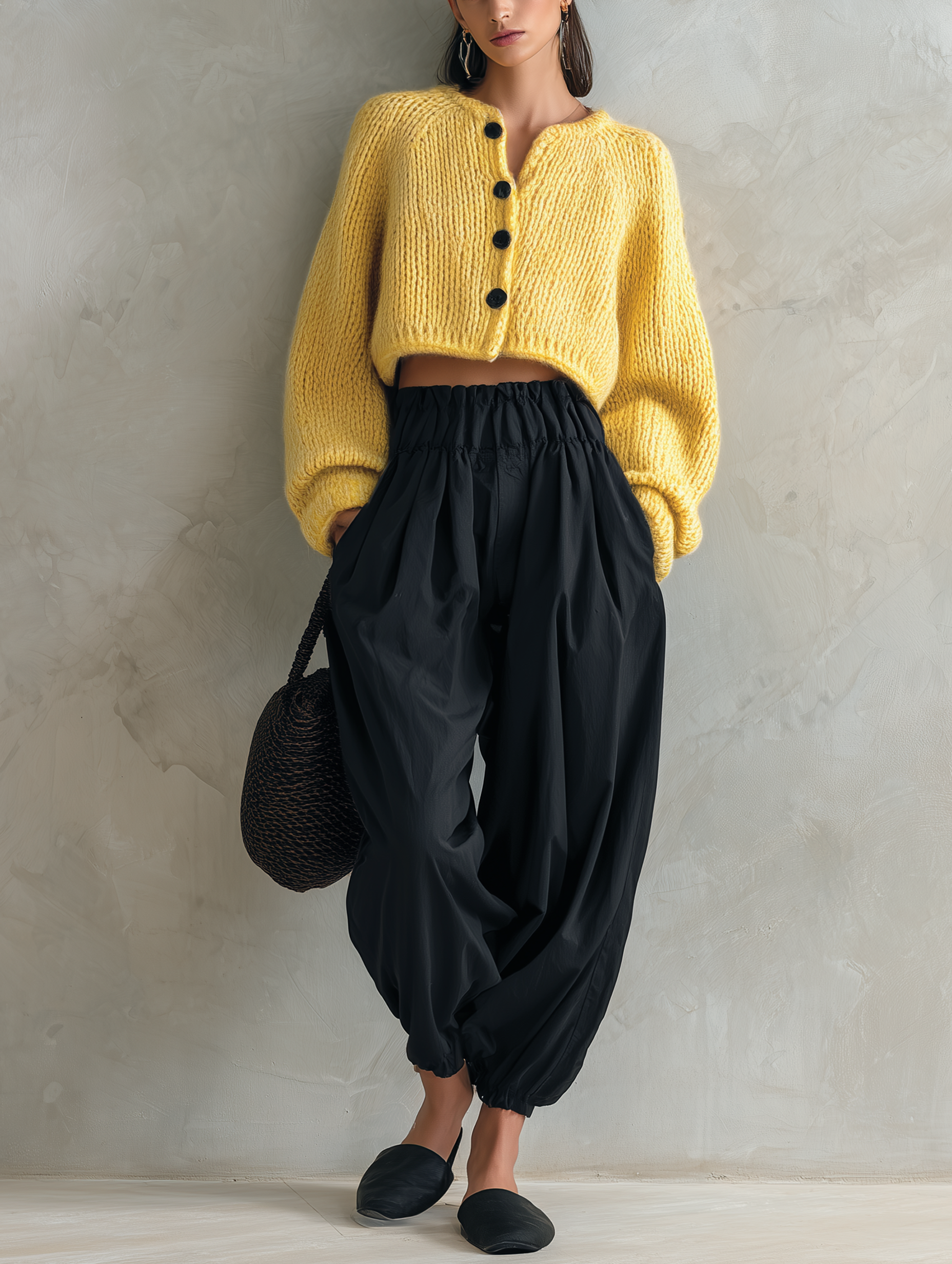 Women's Casual Yellow Long-sleeved Knit Cardigan Paired With Black Woven Trousers MDZ0717H4LXY