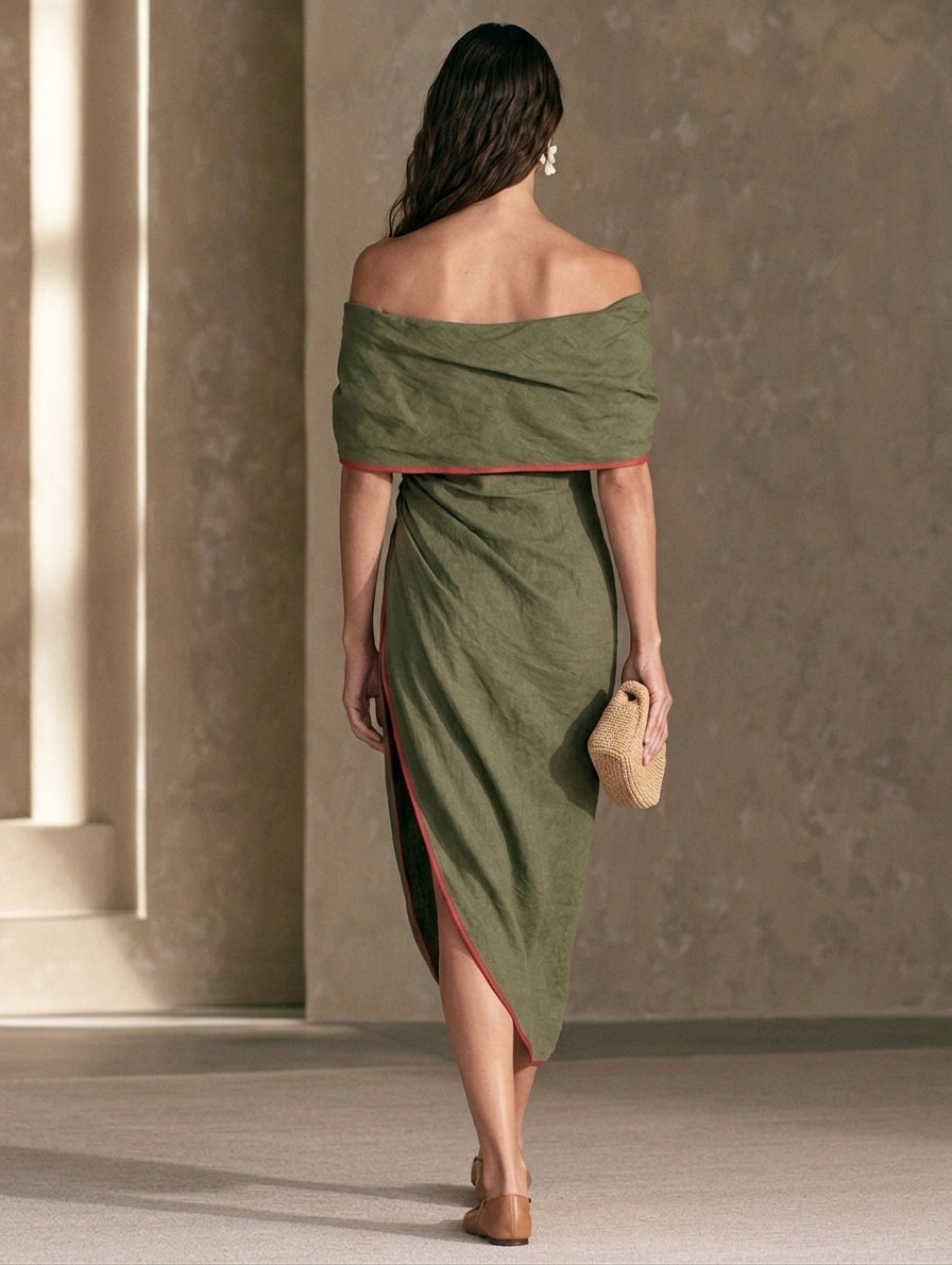 Women's Casual Olive Green Cotton-linen Off-shoulder Short-sleeve Midii Dress MDZ0723H6LXY