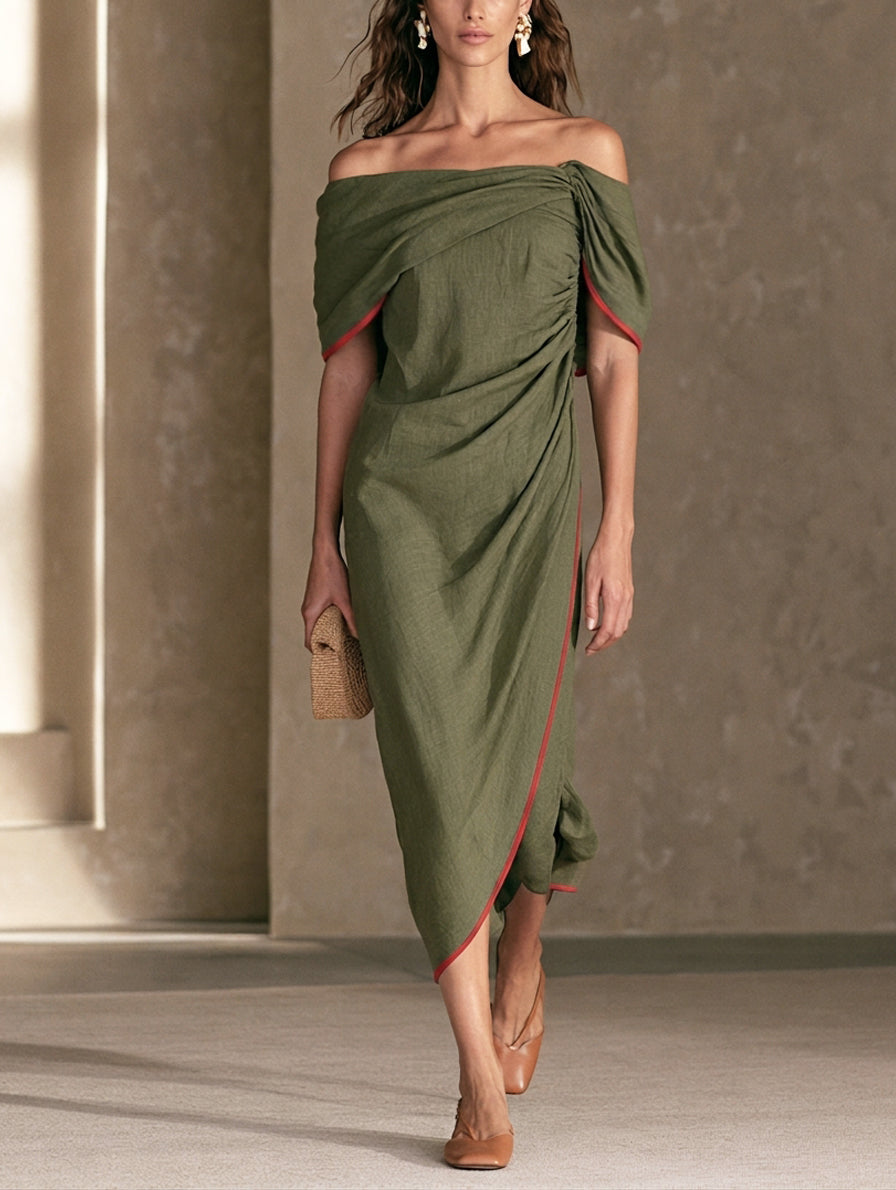 Women's Casual Olive Green Cotton-linen Off-shoulder Short-sleeve Midii Dress MDZ0723H6LXY