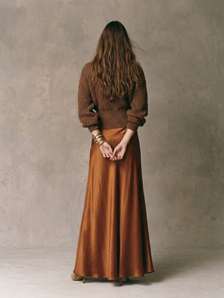 Women's Casual Dark Brown Long-sleeved Knit Top Paired With A Light Brown Satin Skirt MDZ0710H5LXY