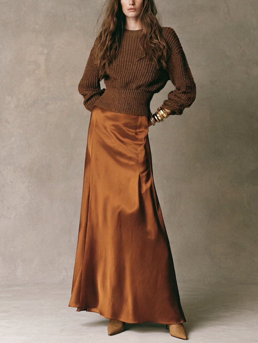 Women's Casual Dark Brown Long-sleeved Knit Top Paired With A Light Brown Satin Skirt MDZ0710H5LXY