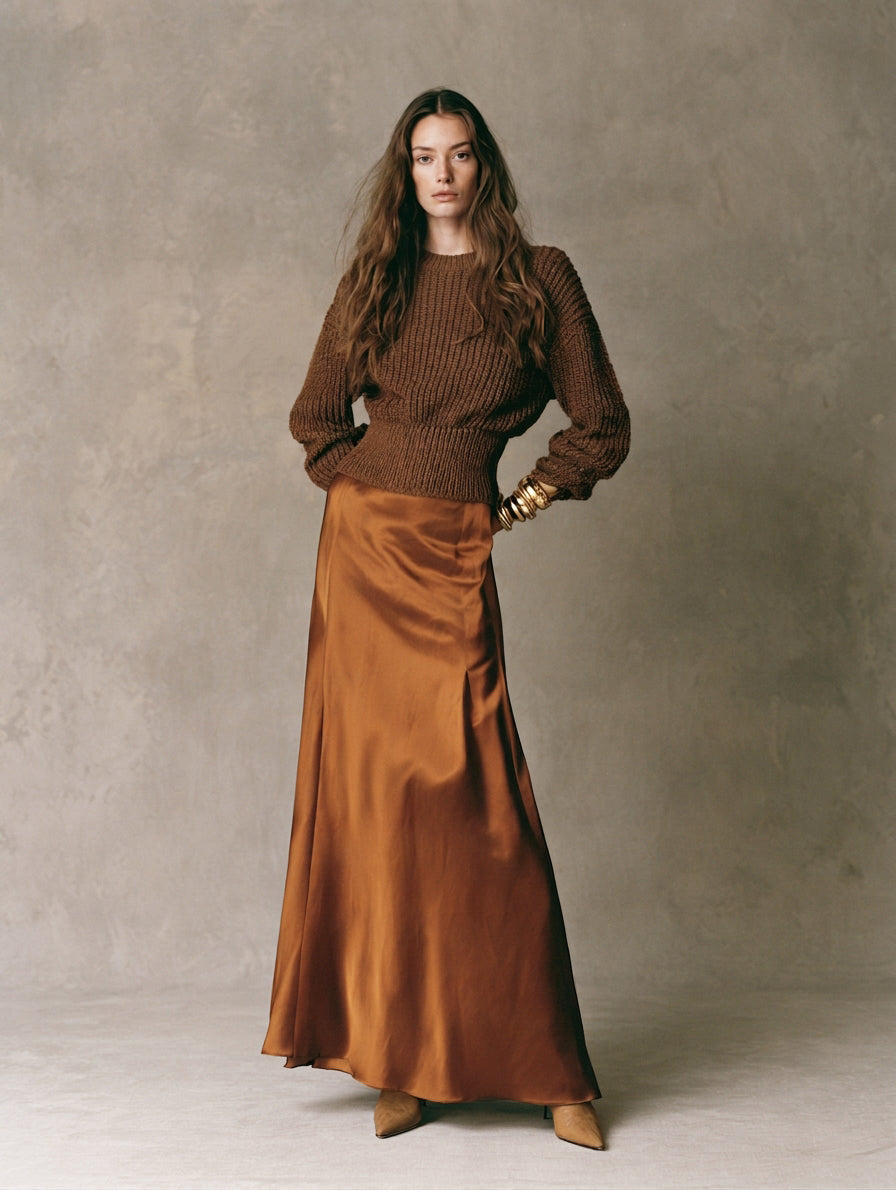 Women's Casual Dark Brown Long-sleeved Knit Top Paired With A Light Brown Satin Skirt MDZ0710H5LXY