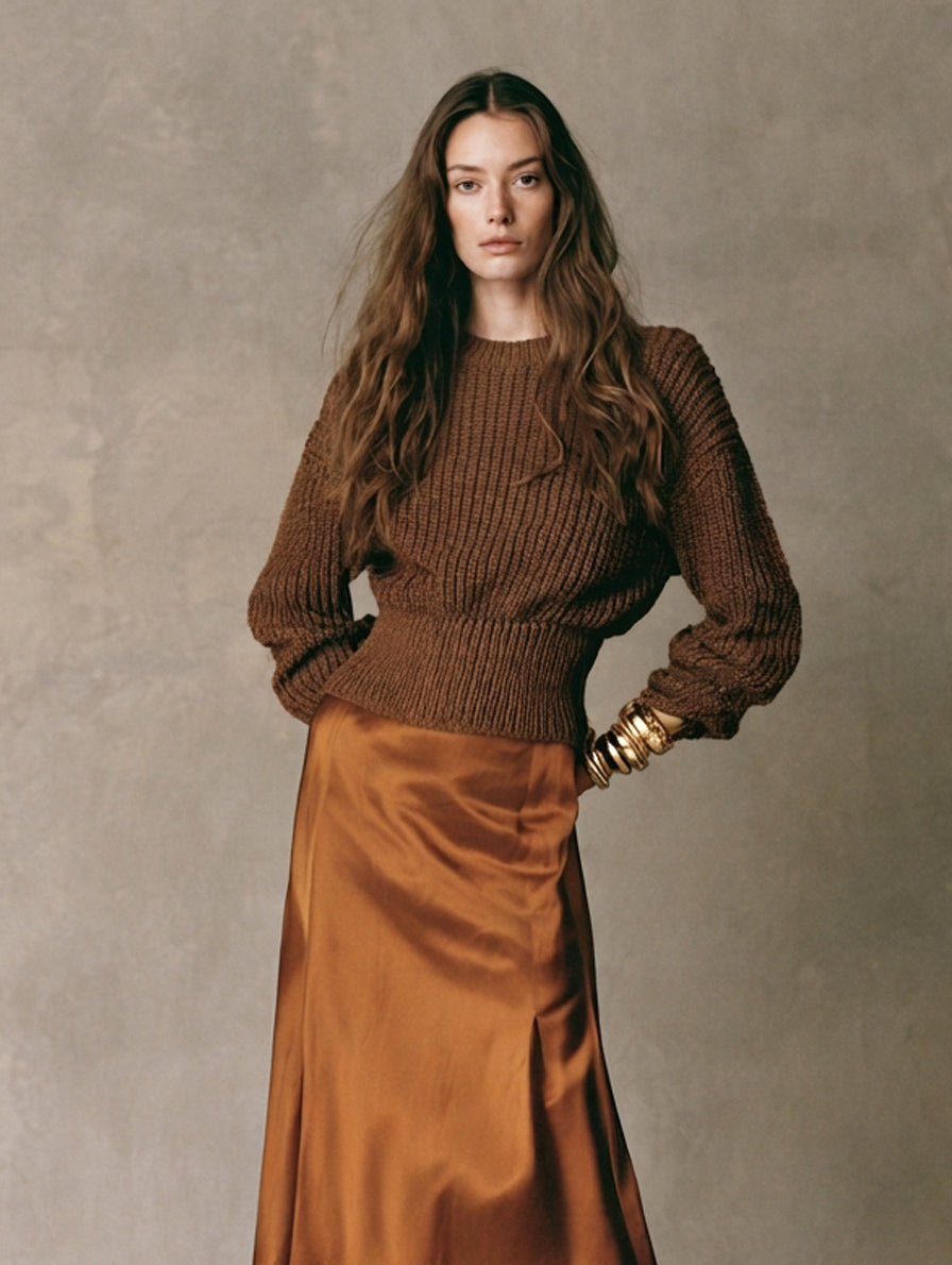 Women's Casual Dark Brown Long-sleeved Knit Top Paired With A Light Brown Satin Skirt MDZ0710H5LXY